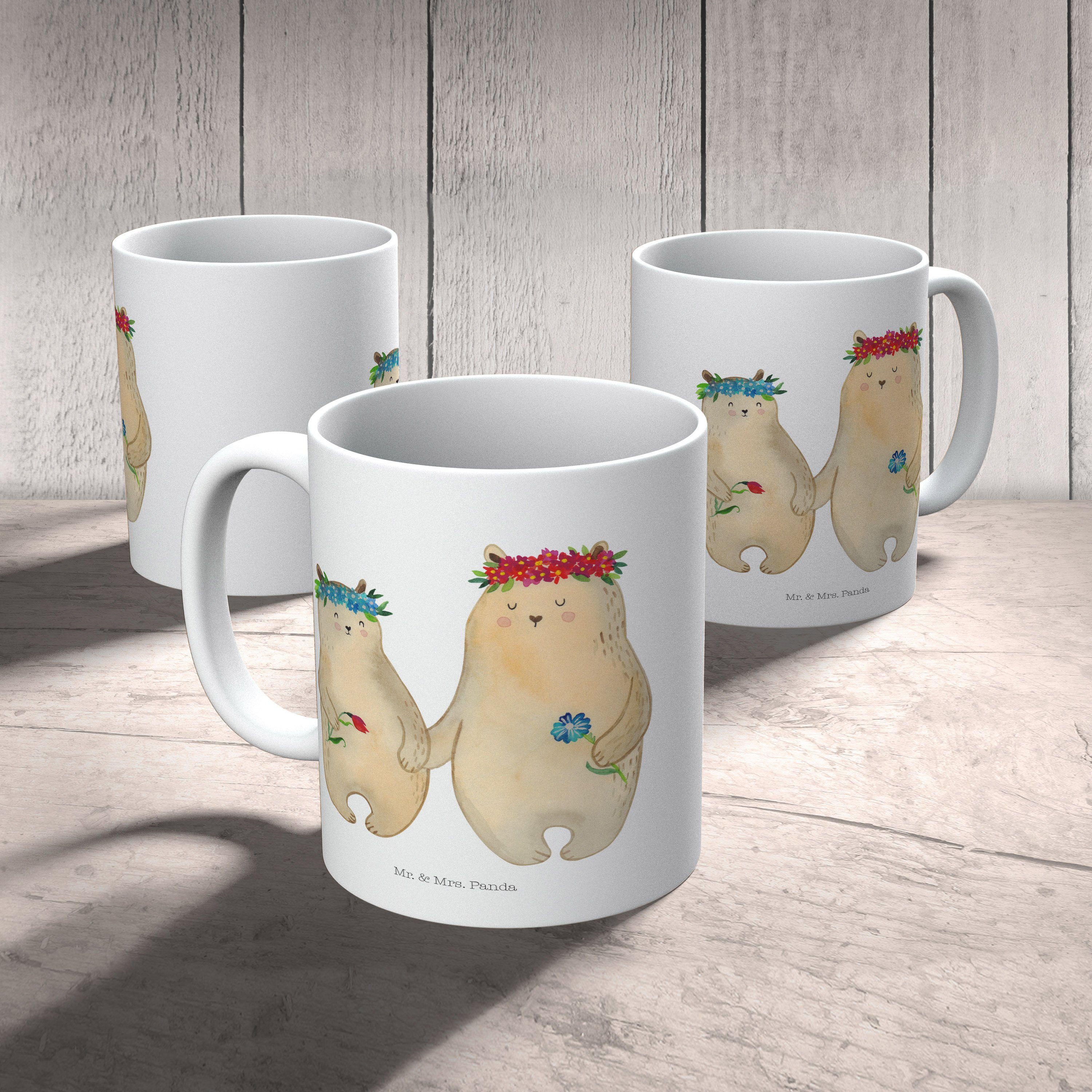 Mr. Panda mit Tasse Keramik - Mrs. - Bären Weiß Mutti, Tasse, Motive, Tasse Blumenkranz & Geschenk,