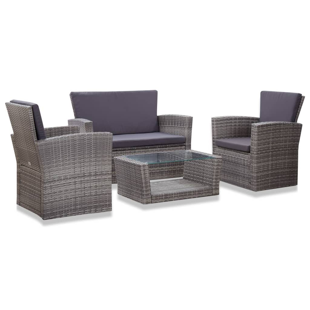 vidaXL Gartenlounge-Set 4-tlg. Garten-Lounge-Set mit Kissen Poly Rattan Grau, (3-tlg)