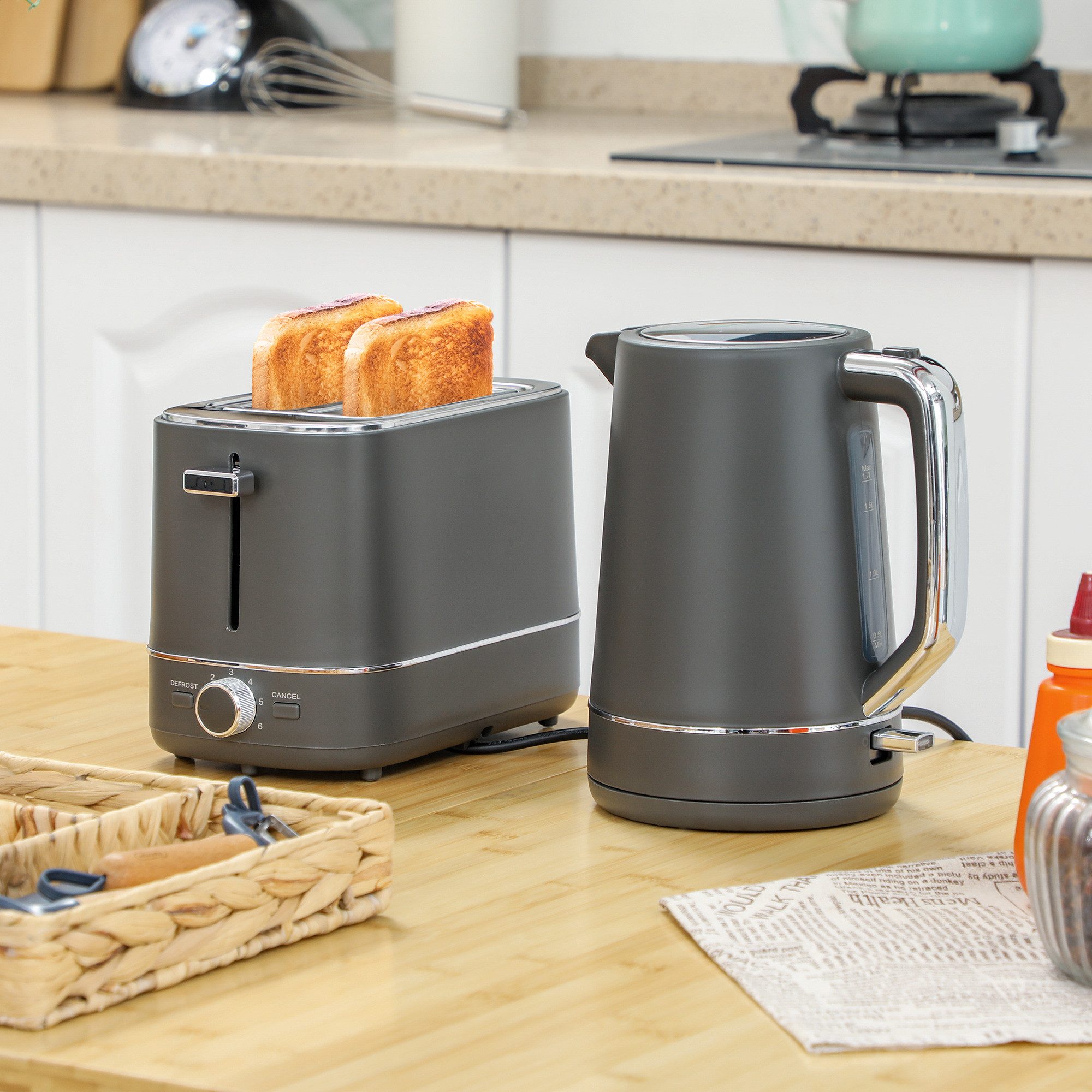 HOMCOM Toaster Frühstück-Set, Thermostat, 1,7L, Aufwärmen & Auftauen, Kalkfilter, 2 Schlitze, für 2 Scheiben, 2200 W, Wasserkocher und Toaster mit 6 Bräunungsstufen, Stahl, Grau