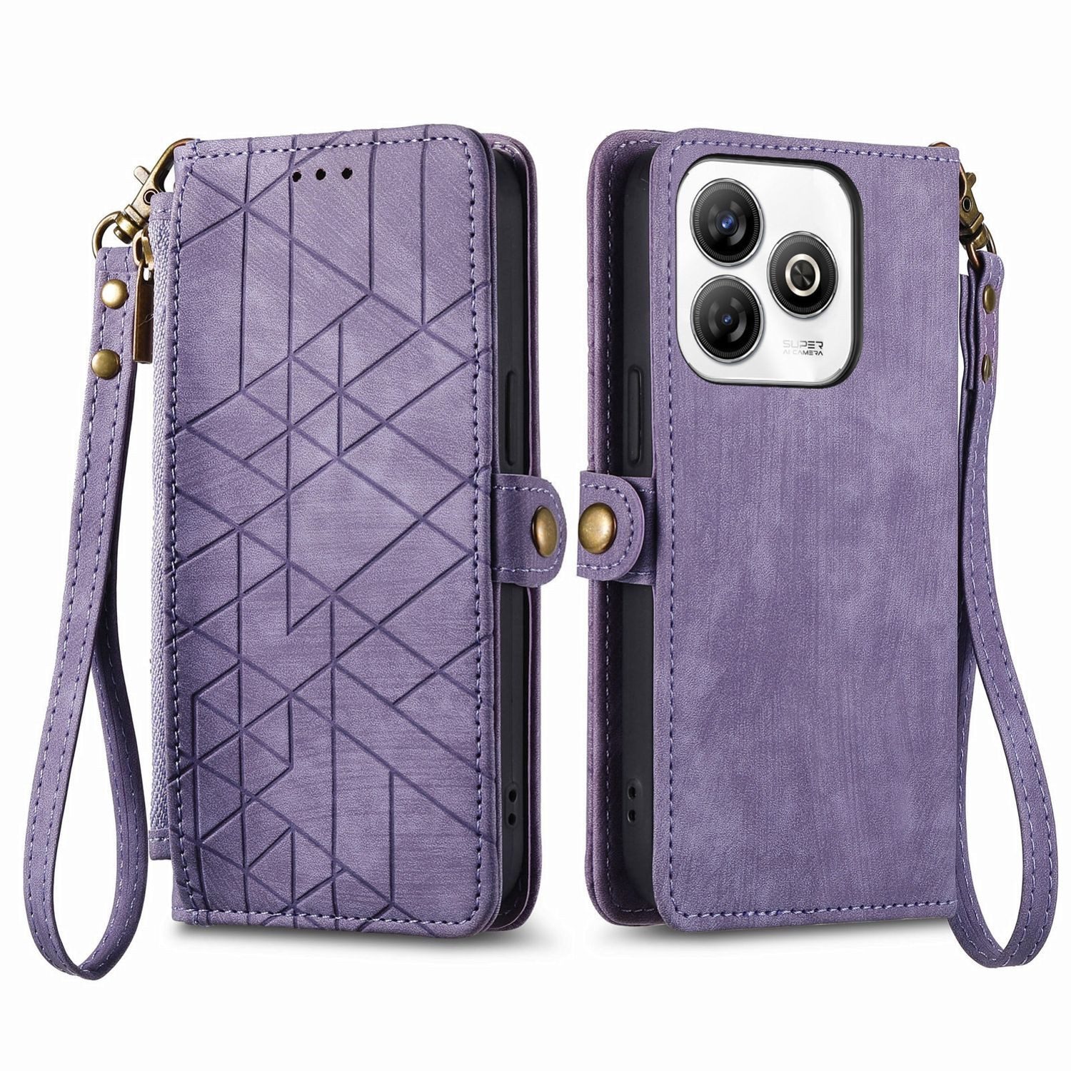 Wigento Handyhülle Für ZTE Blade A75 4G Design Kunstleder Zipper Book Wallet Tasche Lila, Kartenfächer, Reißverschlussfach, Standfunktion