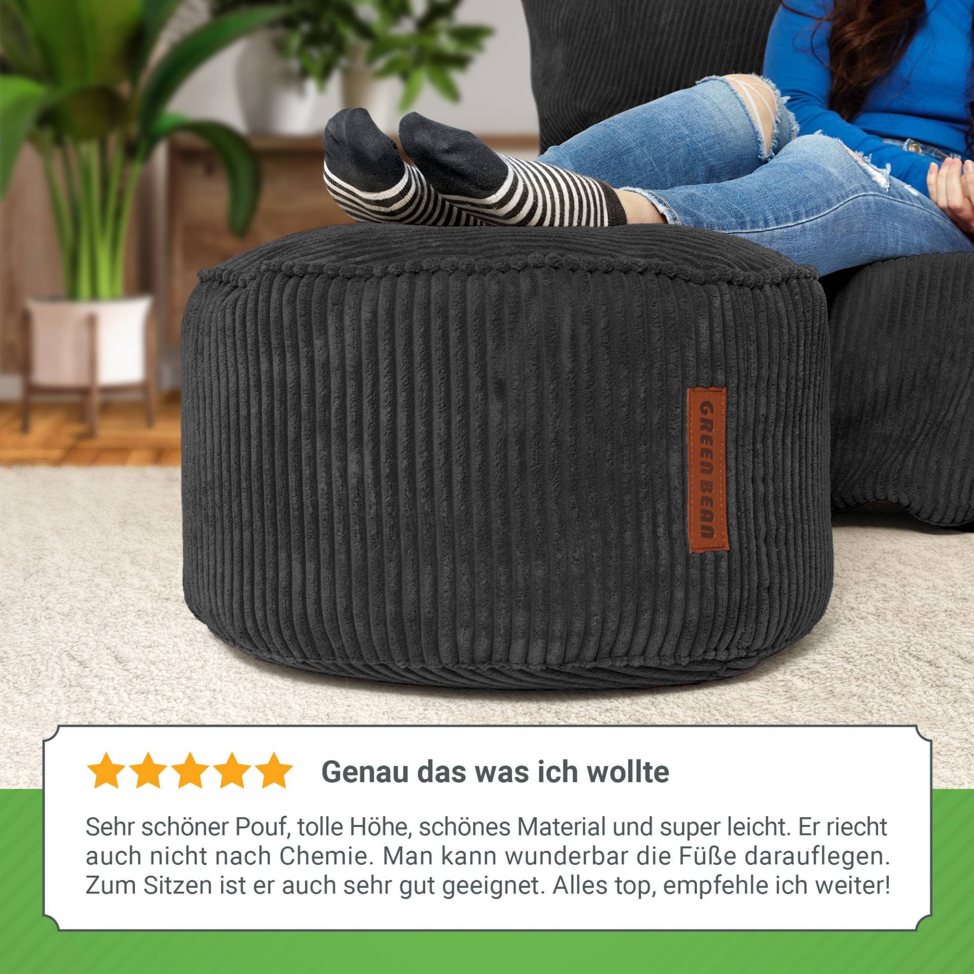 Green Bean Pouf Sitzsack-Hocker Pouf Cord 45x25cm (Indoor Sitzhocker Sitzkissen Fußhocker Relax-Sessel, Made in Germany), die ideale Ergänzung zum Sitzsack
