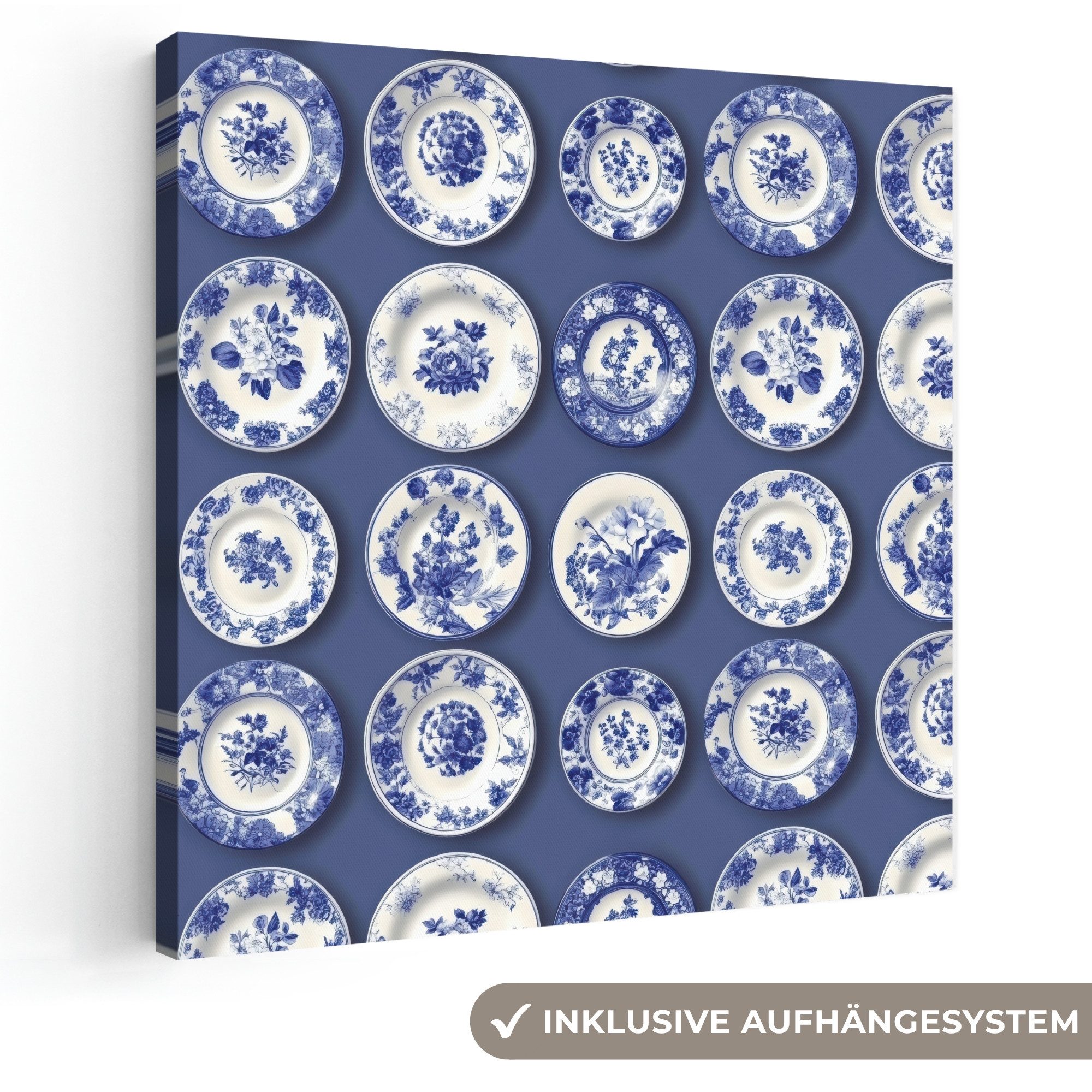 OneMillionCanvasses® Leinwandbild Teller - Floral - Blau, Fotodruck (1 St), Wandbild, Deko Schlafzimmer Wohnzimmer Flur 20x20 cm