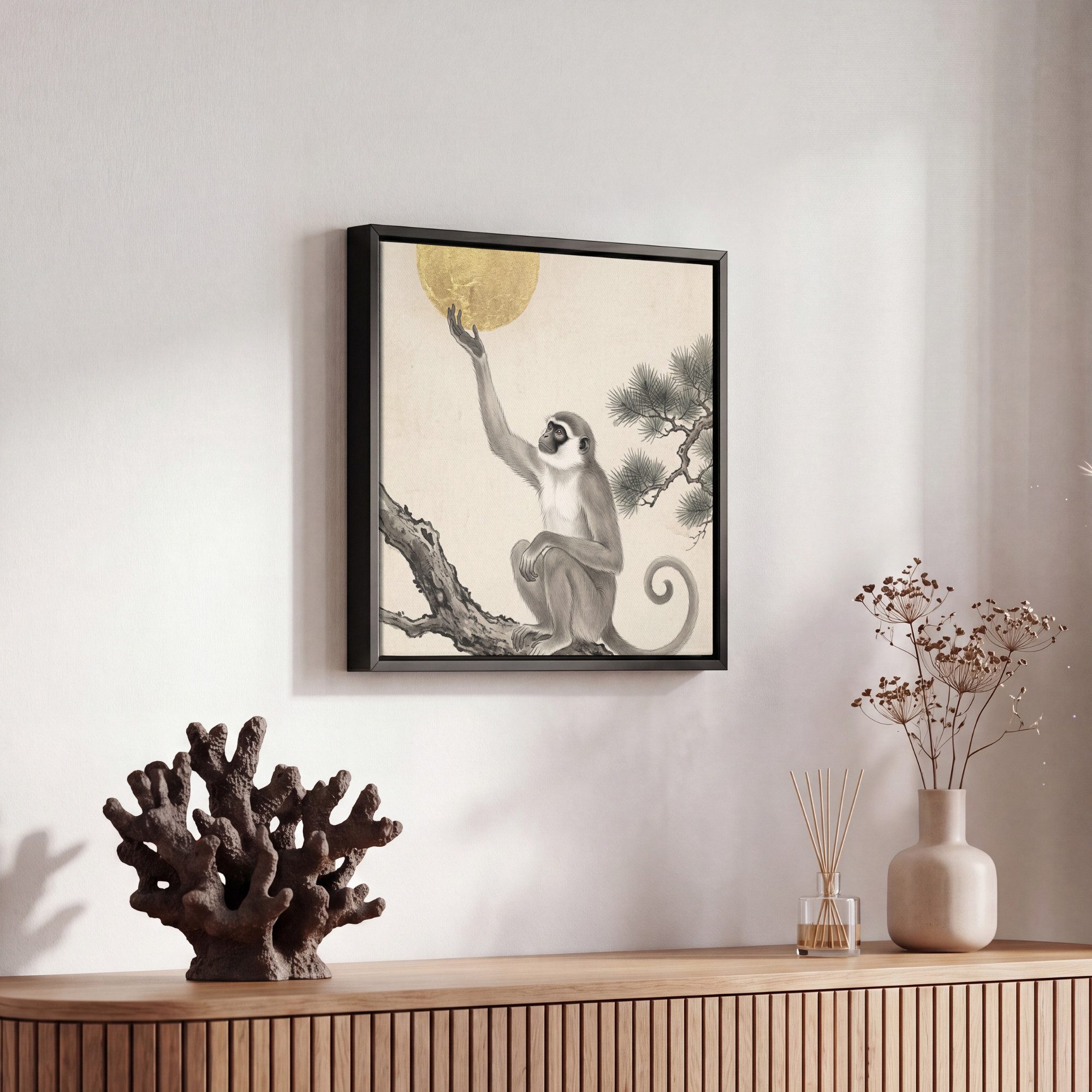 OneMillionCanvasses® Leinwandbild mit Rahmen - Affe - Mond - Gold, Fotodruck (1 St), Leinwand Bilder Klein, Wand Dekoration Aesthetic 20x20cm – Bild 5 von 5