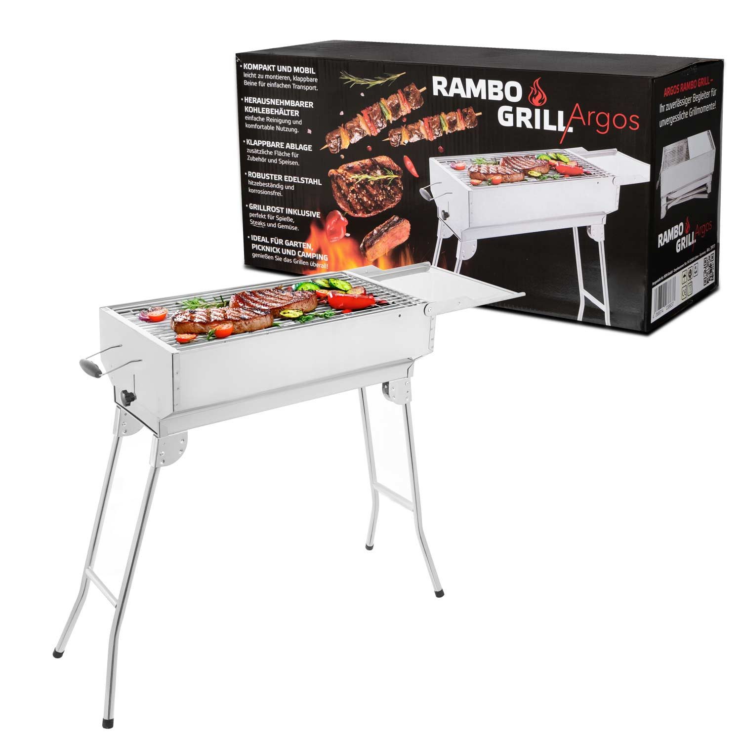 BEM Holzkohlegrill Argos hochwertiger Grill aus Edelstahl, Mangal, BBQ Grill, Campinggrill, Holzkohle Klappgrill mit Kohlebehälter und komfortablen Griffen