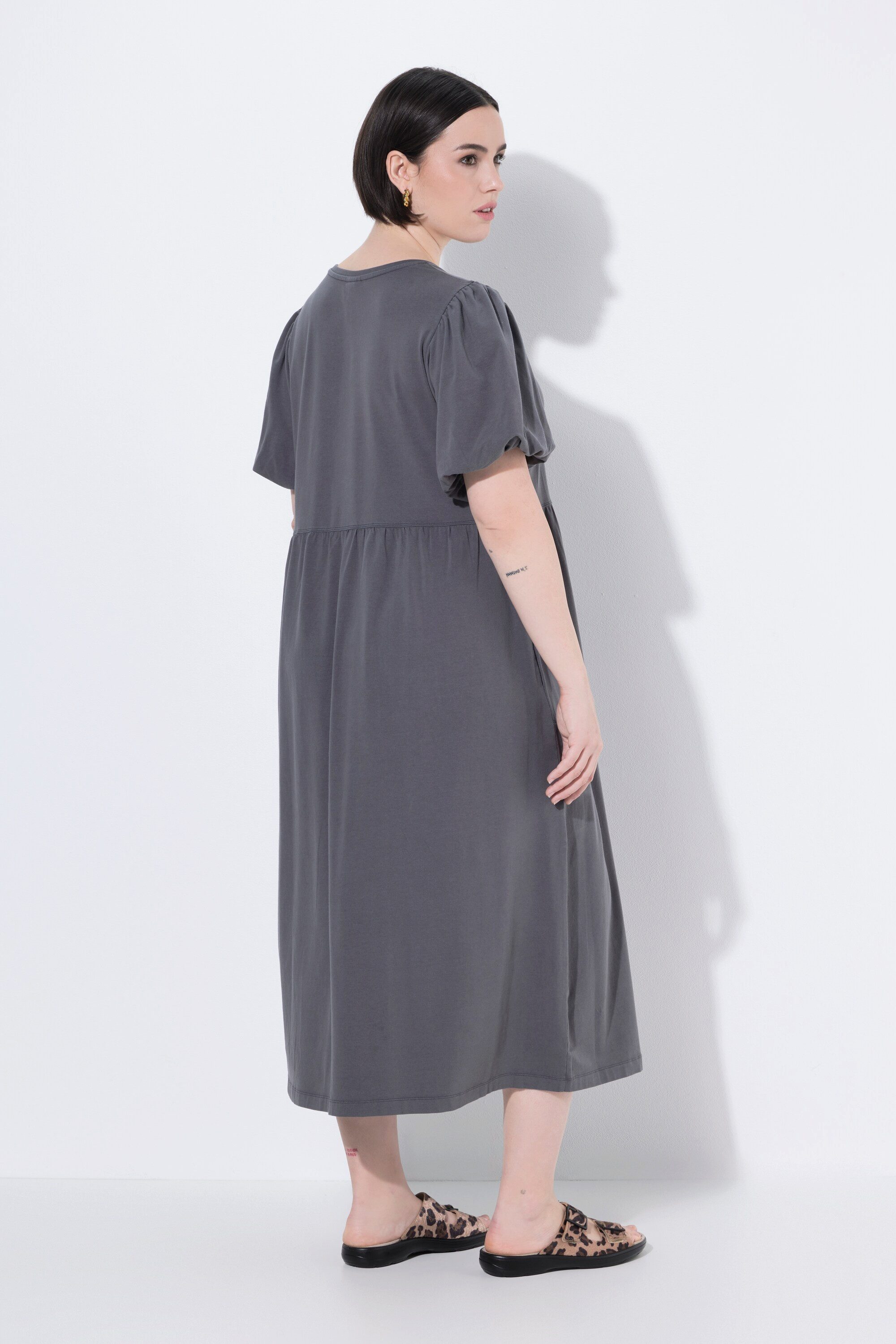 Ulla Popken Midikleid Maxikleid A-Linie Rundhals Ballon-Halbarm Taschen
