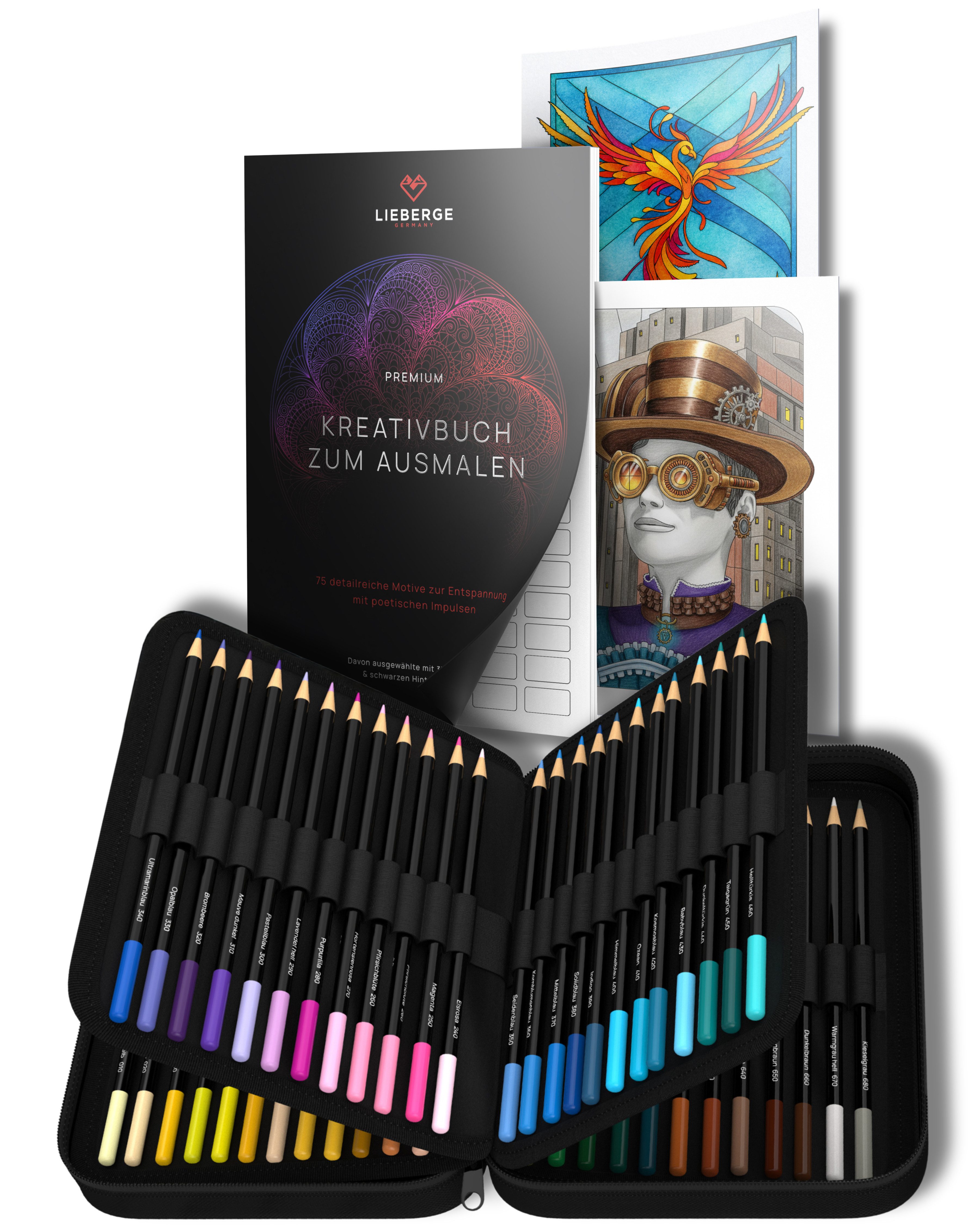 LIEBERGE Buntstift Premium Set 72 Farben + Kreativbuch zum Ausmalen 75 Motive, (Set, 2-tlg., 75 handillustrierte Motive, 72 Buntstifte im Profi-Nylon-Etui), 72 intensive abgestimmte Farben, 75 handillustrierte Motive