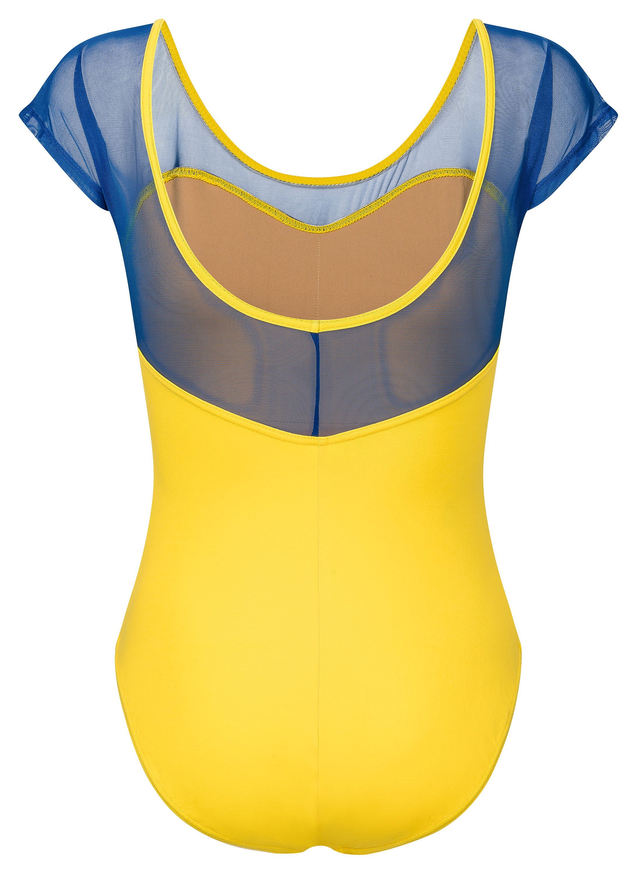 tanzmuster Body Damen Kurzarm Ballett Trikot Natalie UKRAINE EDITION Ärmel und Rückenausschnitt aus blauem Netzstoff