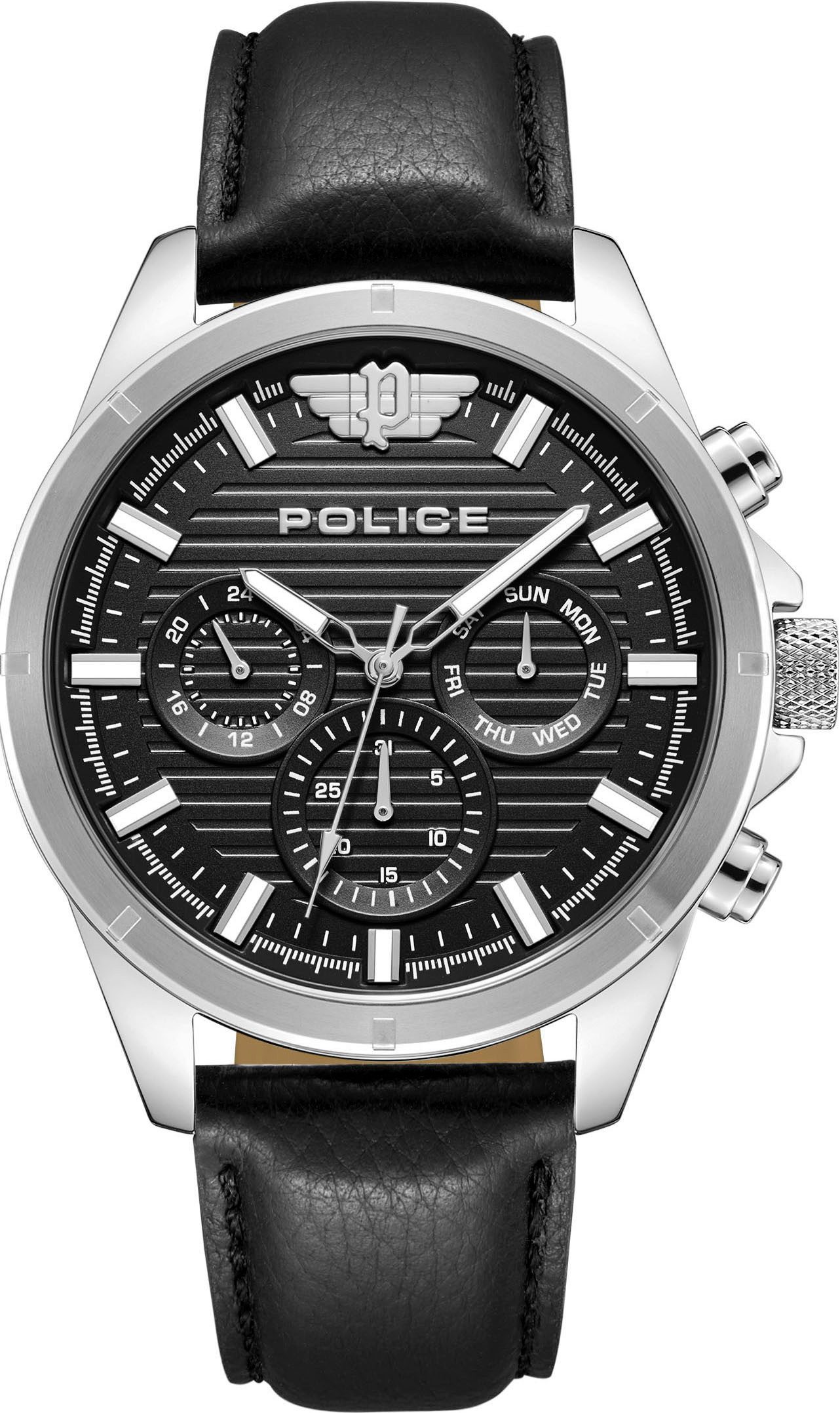Police Multifunktionsuhr MALAWI PEWJF2227810, Quarzuhr, Armbanduhr, Herrenuhr, Lederarmband, analog, Wochentag