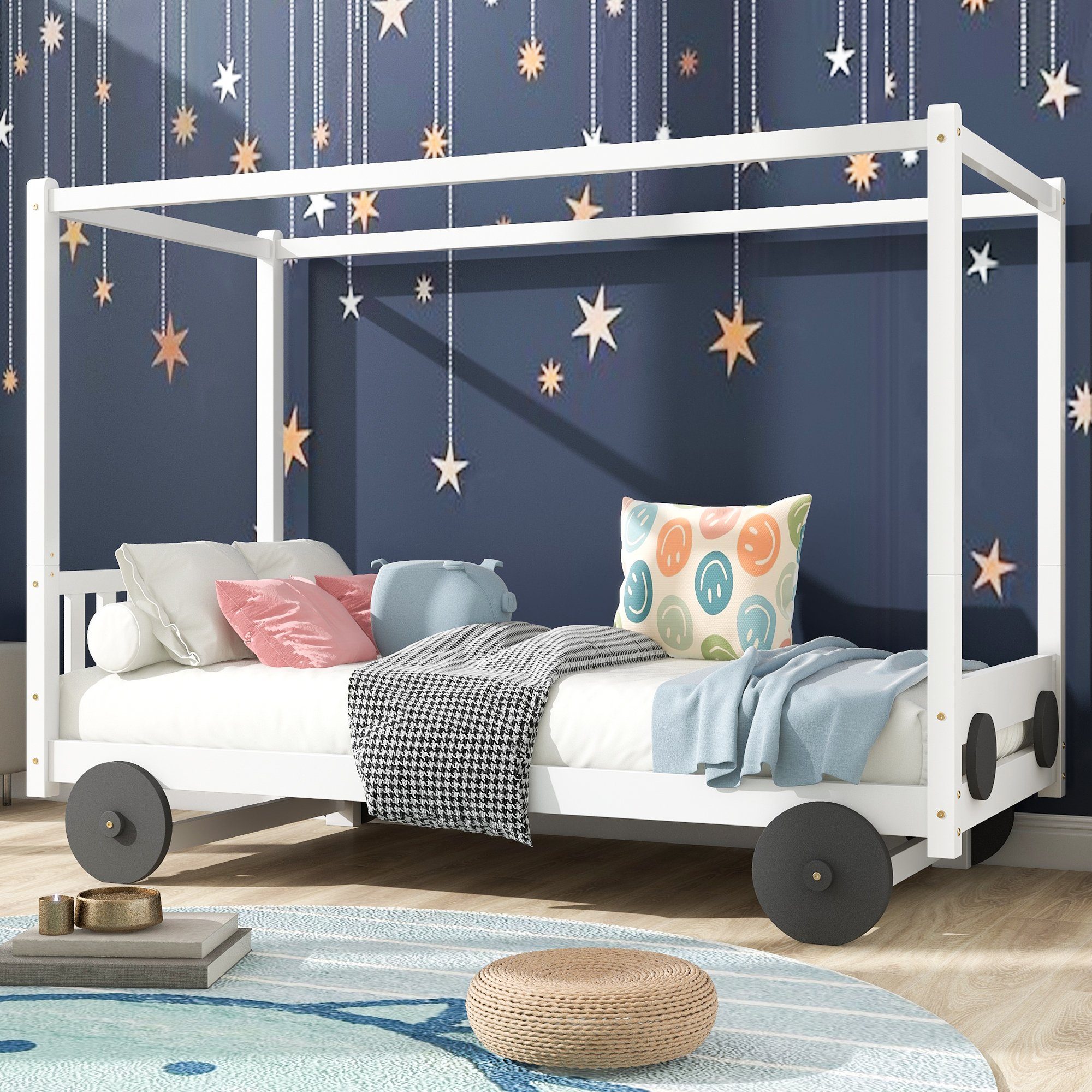 Kinderbett (mit MDF-Rädern und abnehmbare Rahmen), Einzelbett mit Lattenrost, massivem Kiefernholz, 90x200