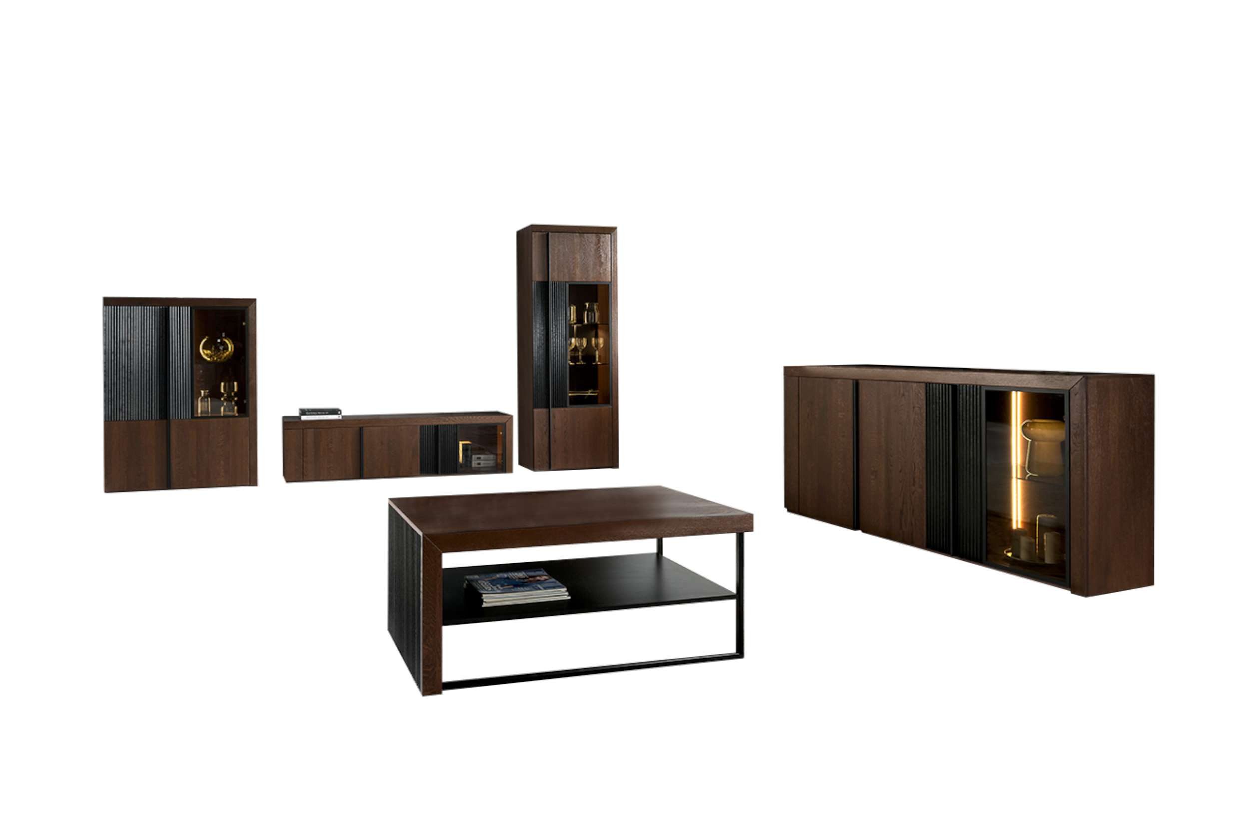 99rooms Wohnwand Vils, (Set (5-St), Wohnmöbel), mit viel Stauraum, LED-Beleuchtung, Soft-Close, aus Massivholz