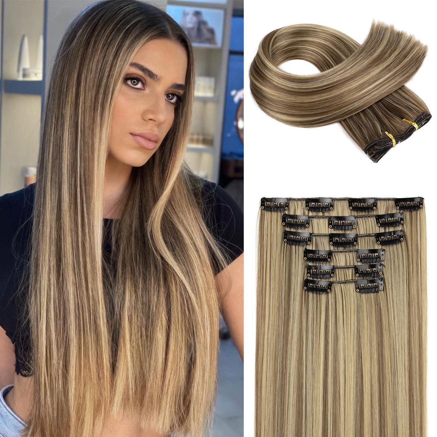 LuxusKollektion Kunsthaar-Extension Extensions Clip in 6tlg glatt lang 61 CM Braun mit blonden Highlights