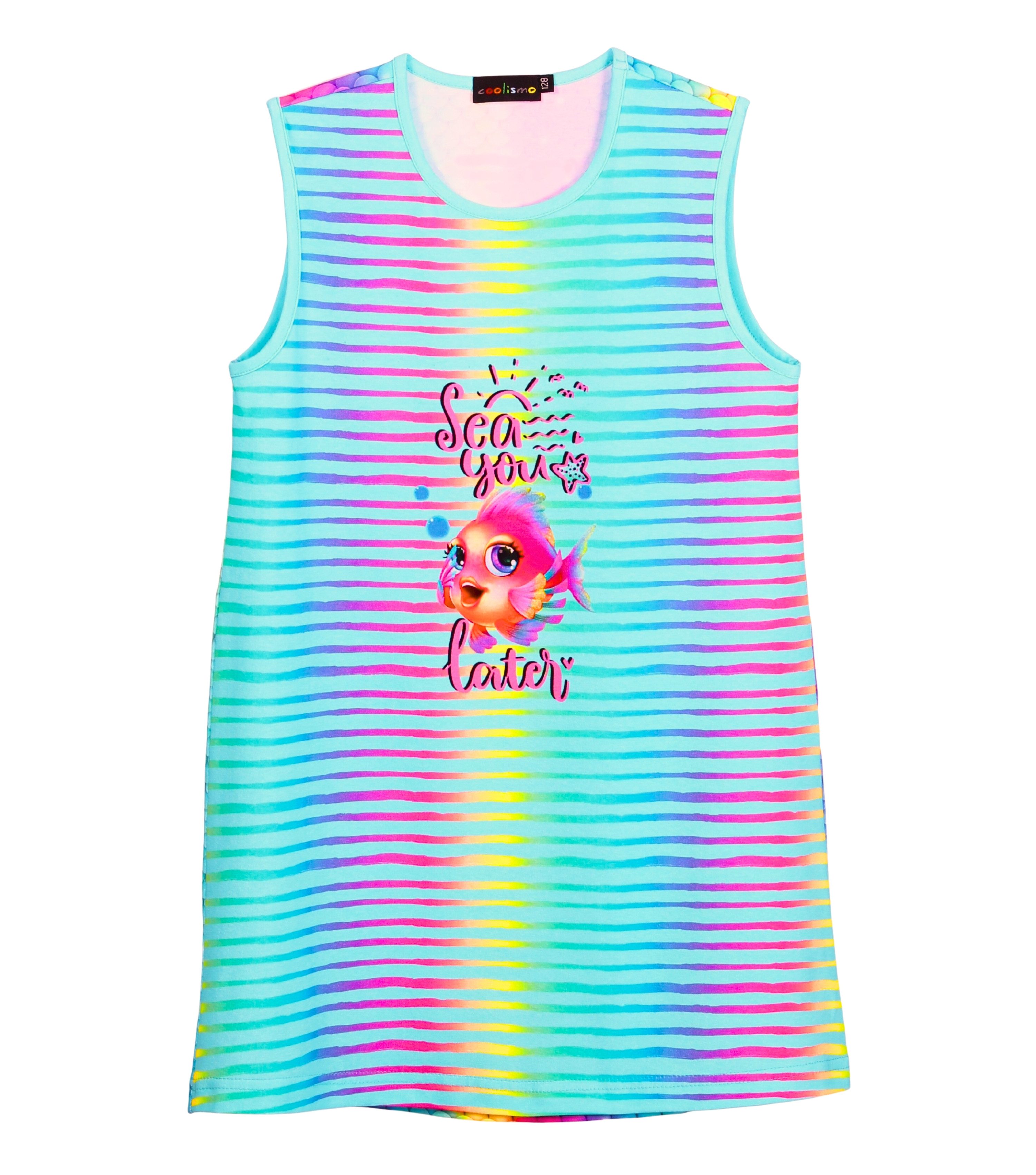 coolismo Kleid & Haarband Shirtkleid Regenbogenfisch-Print & Haarband gestreift (Set, 2-tlg., Kleid & Haarband) niedliches Design, Baumwolle