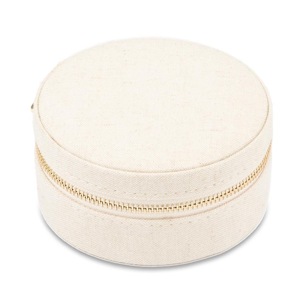 JEWLIX Schmuckkasten Rund aus beigem Canvas in Reisgröße 10cm GET0048