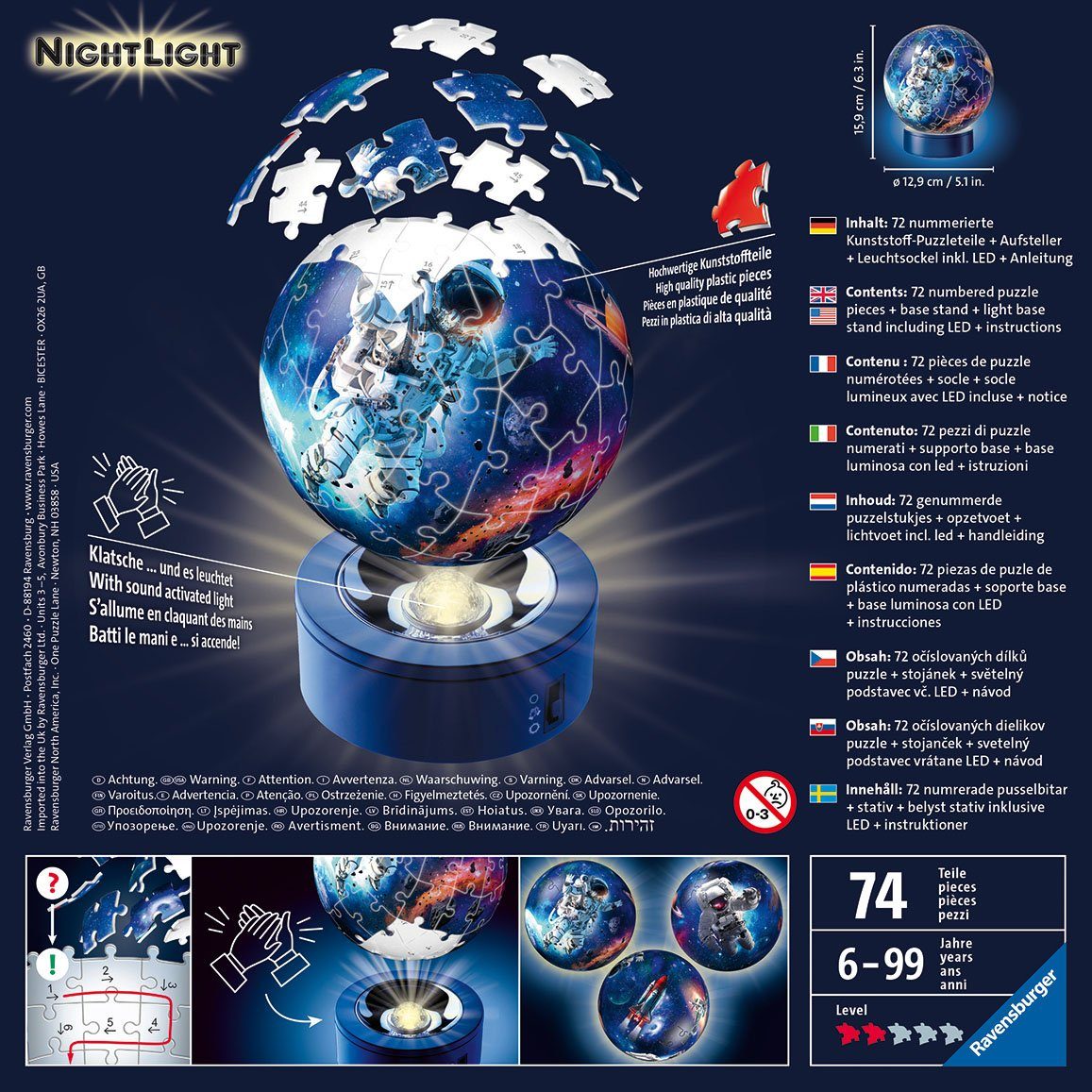 Wald Astronauten Puzzleteile, LEDs; - Weltall, schützt - Ravensburger FSC® 72 Leuchtsockel inkl. im Nachtlicht weltweit Puzzleball mit