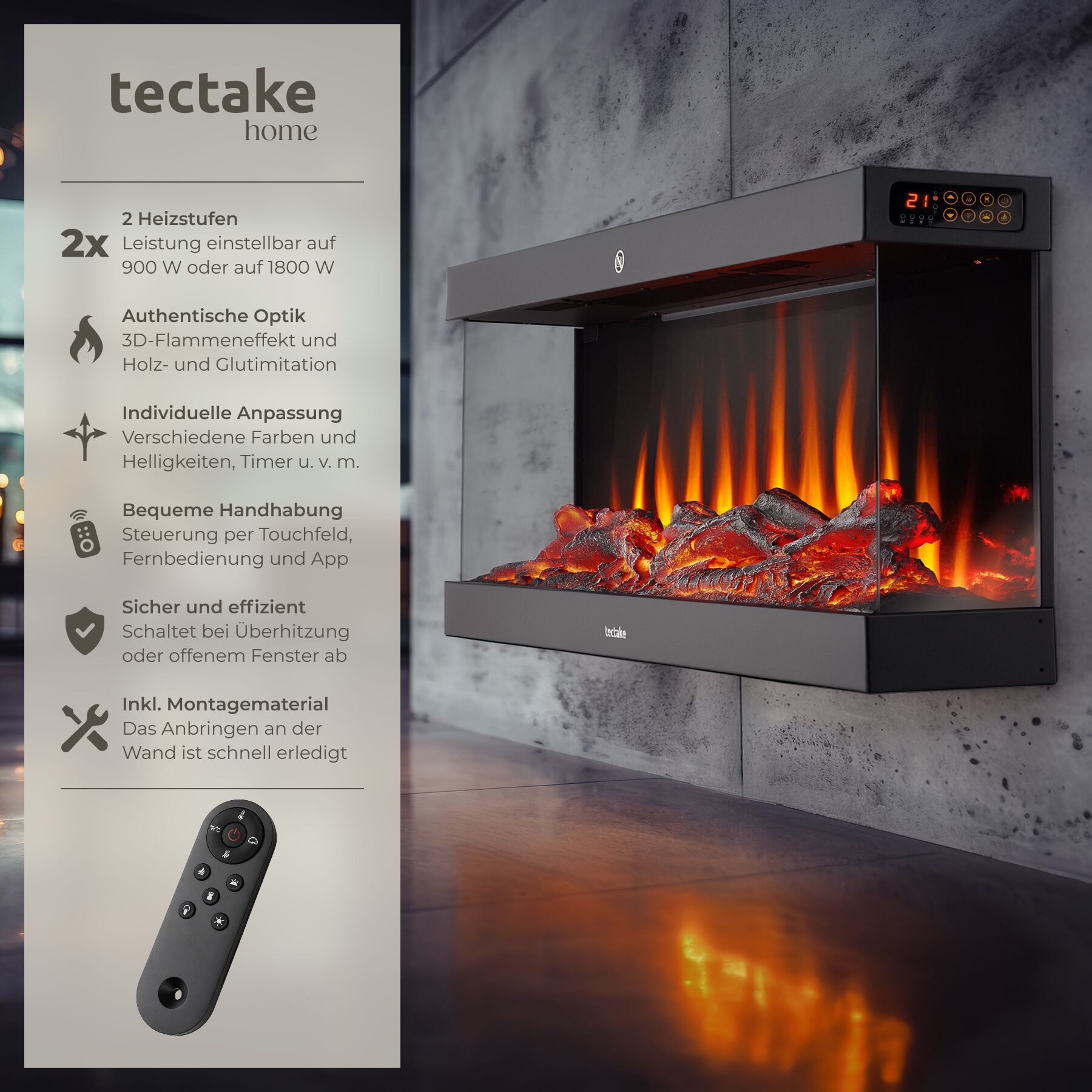 tectake Elektrokamin Elektro-Wandkamin, 2 Leistungsstufen mit 900 W und 1800 W