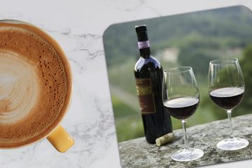 MuchoWow Glasuntersetzer Eine Flasche Rotwein mit Sangiovese-Weinbergen im Hintergrund, Zubehör für Gläser, 6-tlg., Glasuntersetzer, Tischuntersetzer, Korkuntersetzer, Untersetzer, Tasse