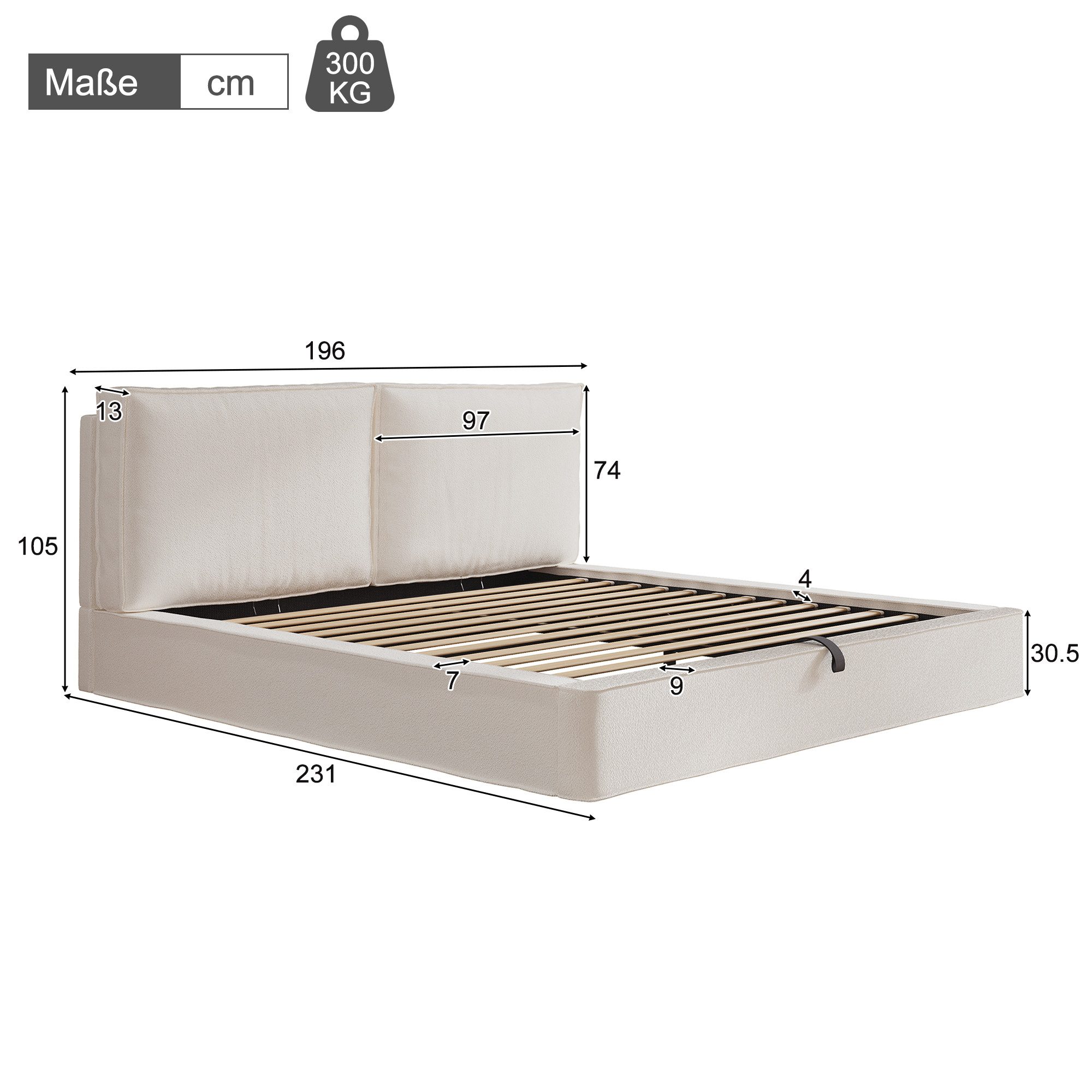 REDOM Polsterbett Doppelbett mit hohem Polster-Kopfteil (Packung, 180x200 cm, Bouclé, Beige), inkl. Lattenrost und Matratze