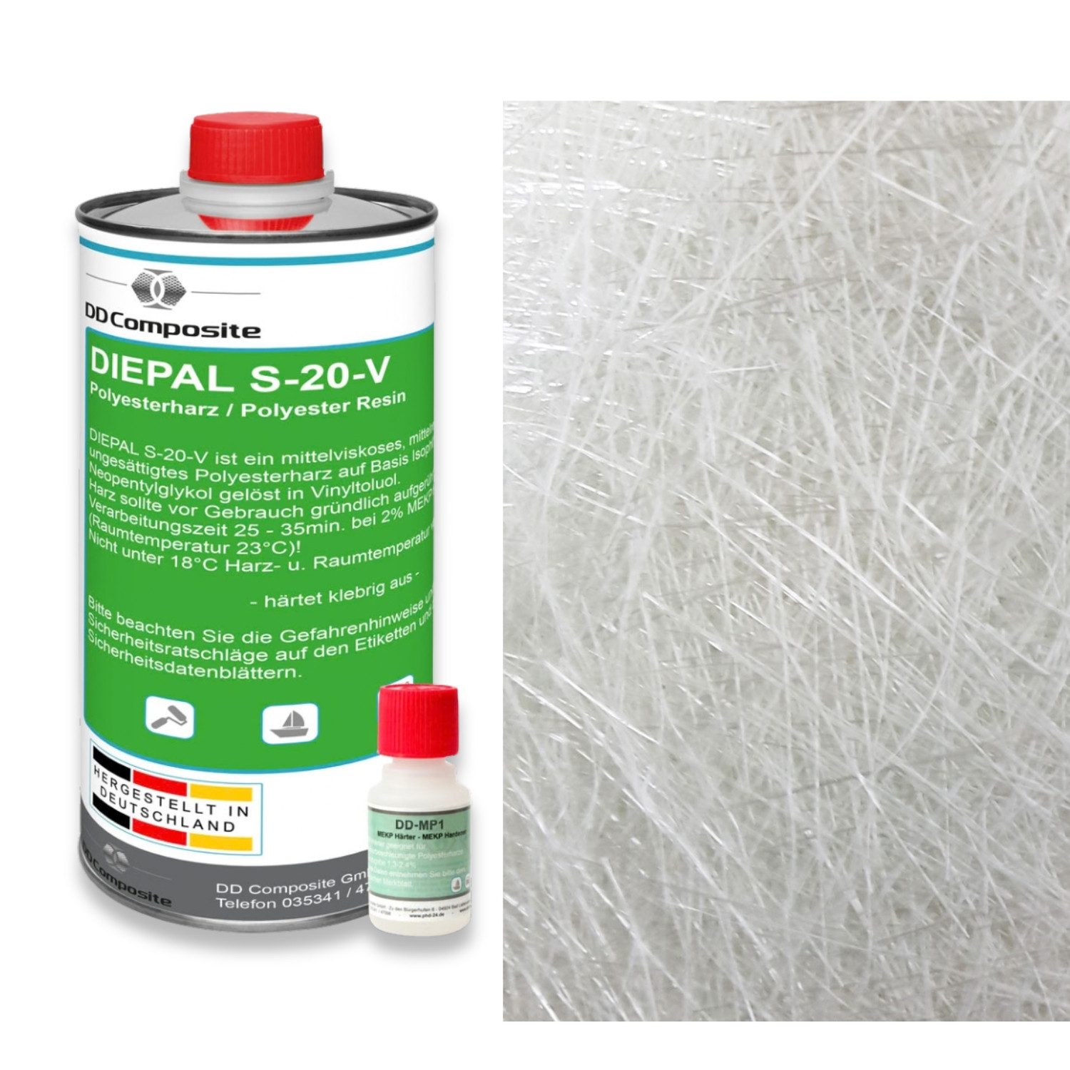DD Composite Reparatur-Set 1kg GFK Polyesterharz + 1m² Glasfasermatte 225g/m², 3-St.