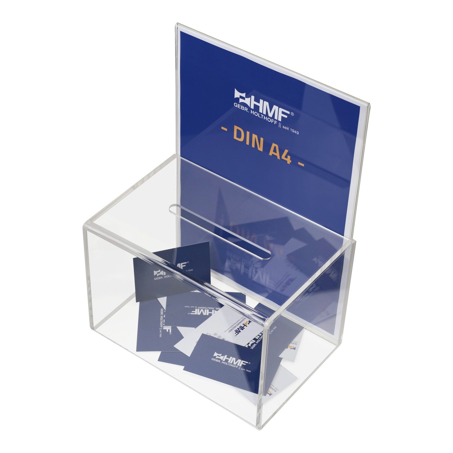 HMF Geldkassette Acryl Spendenbox 4691, Box mit DIN A4 Blatteinschub 22 x 15 x 15 cm, transparent