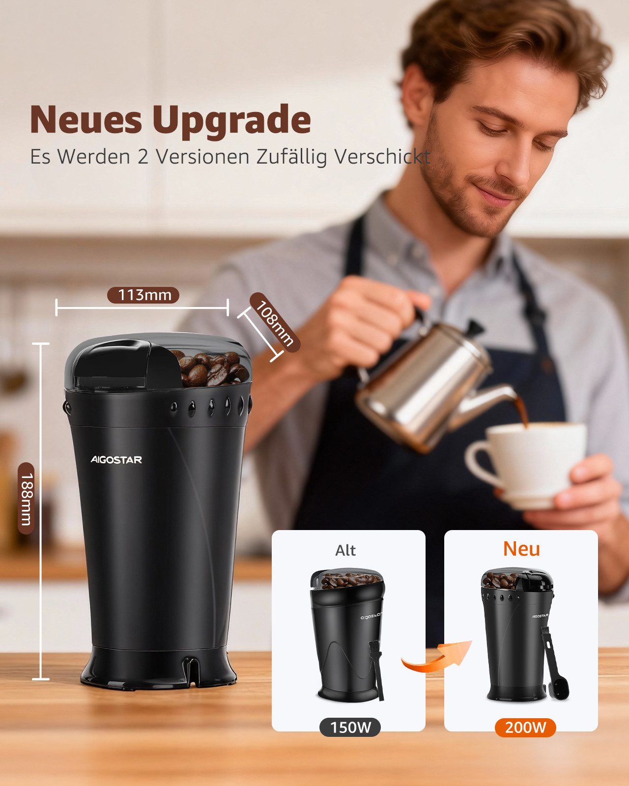 Aigostar Kaffeemühle Elektrisch Gewürzmühle Kaffee Mühle, Elektrische Propellermühlen, 200 W, Edelstahl Schlagmesser, 60,00 g Bohnenbehälter, Versions-Upgrades, 150 W & 200 W nach dem Zufallsprinzip ausgeliefert