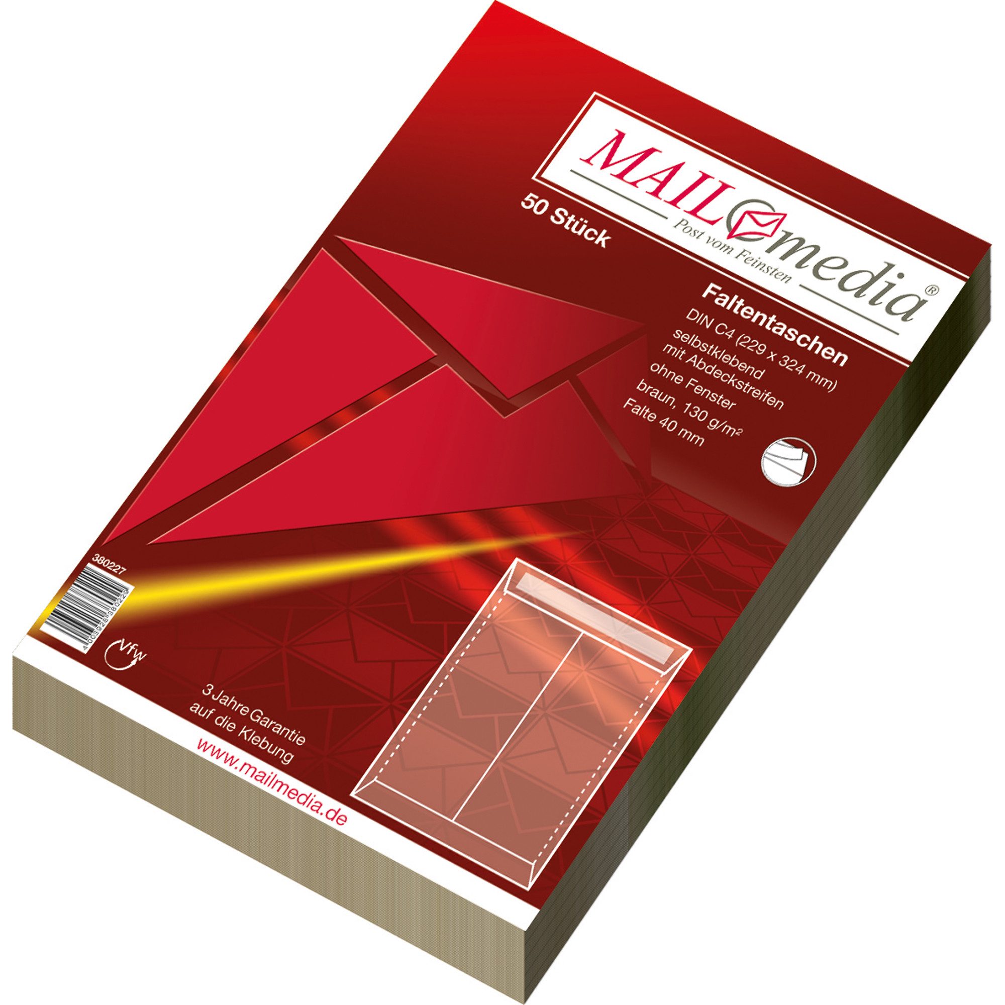 MAILMEDIA Versandtasche Faltentasche C4 ohne Fenster haftklebend 130g braun 50 Stück (5 Stück)
