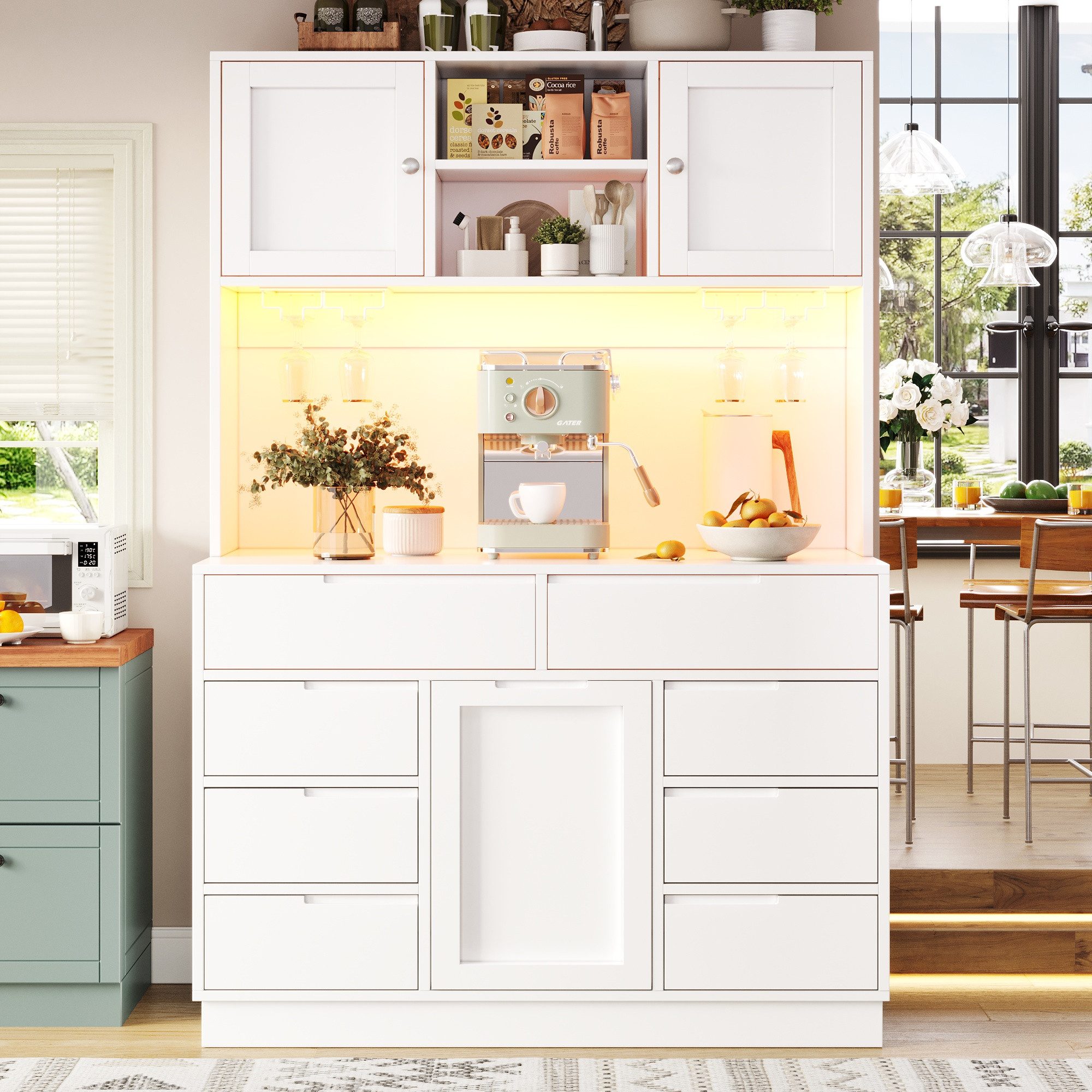 Celya Hochschrank Küchenschrank mit LED und 8 Schubladen (Magnetverschluss für leises Schließen, Ergonomische Arbeitshöhe 92 cm, Verstellbare Trennwand)