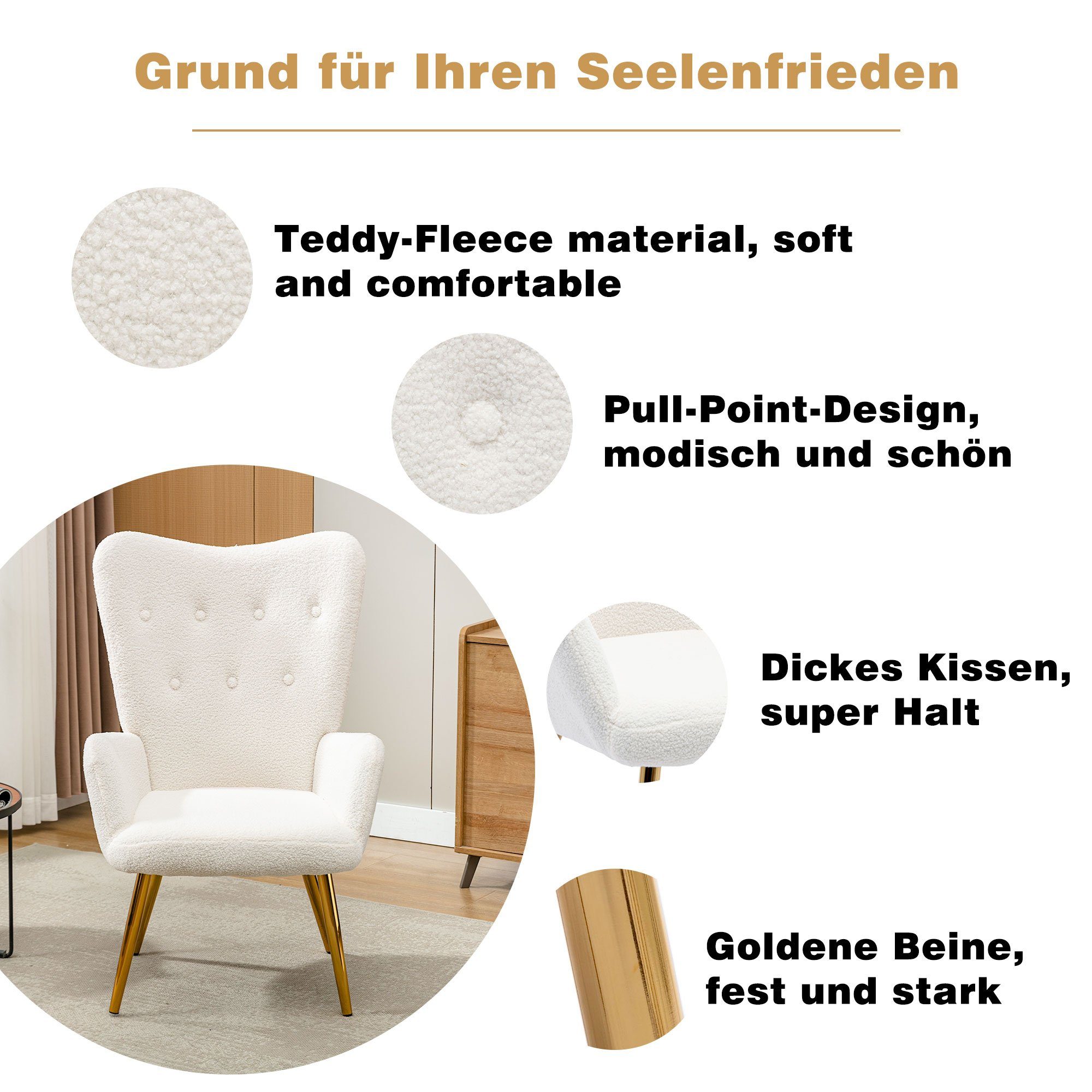 WISHDOR Ohrensessel Relaxsessel (Gesamtabmessungen Einzelsessel 51*47*98cm (LxBxH), 34 Komfortables cm x x Weiß Teddy-Fleece Einzelsessel 34,5 Produktgröße44,5 Design