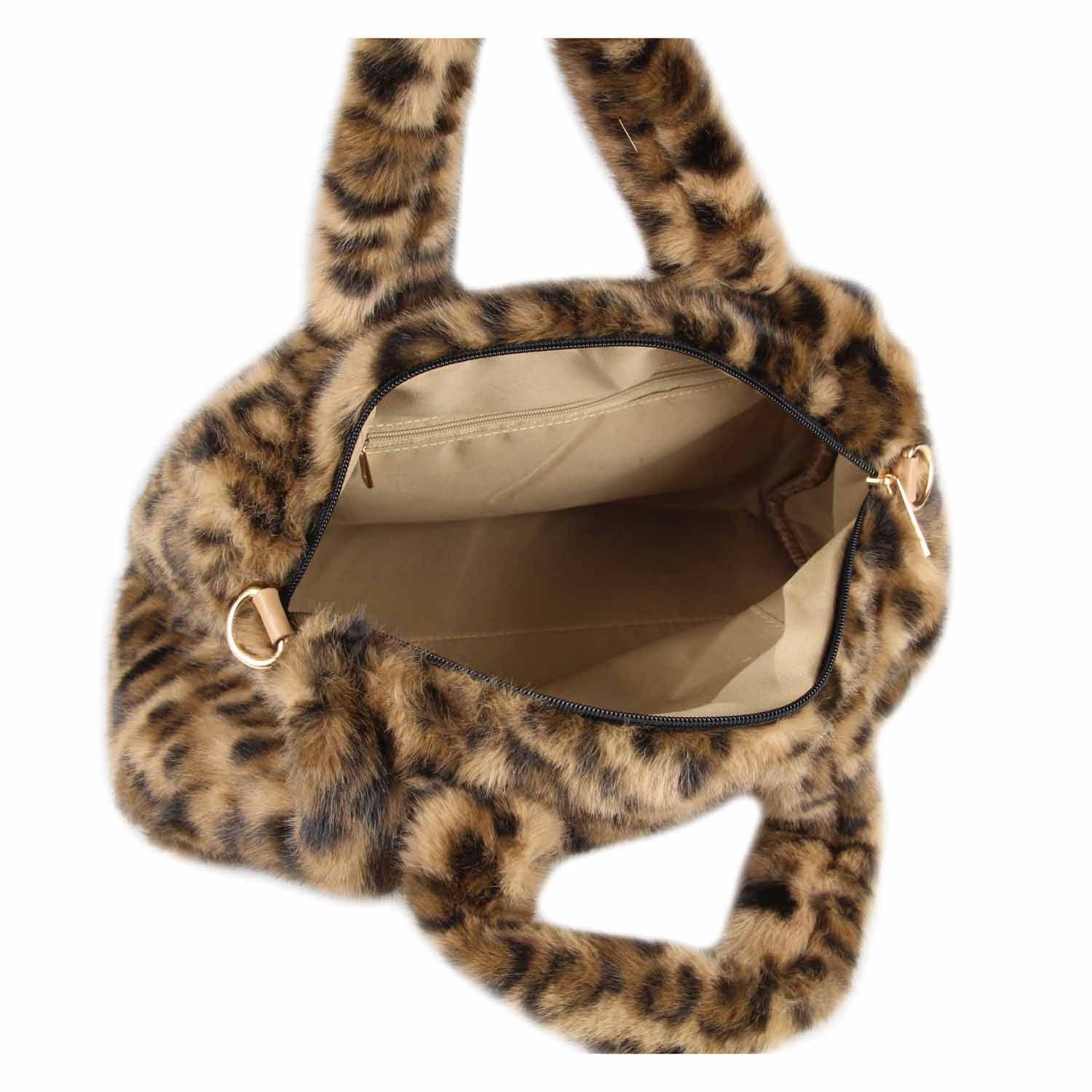 ITALYSHOP24 Schultertasche Damen Leo Tasche Handtasche PELZTASCHE Shopper Tote Bag Leopard Print, Felltasche Crossbody Umhängetasche Teddytasche Plüsch Kunstpelz