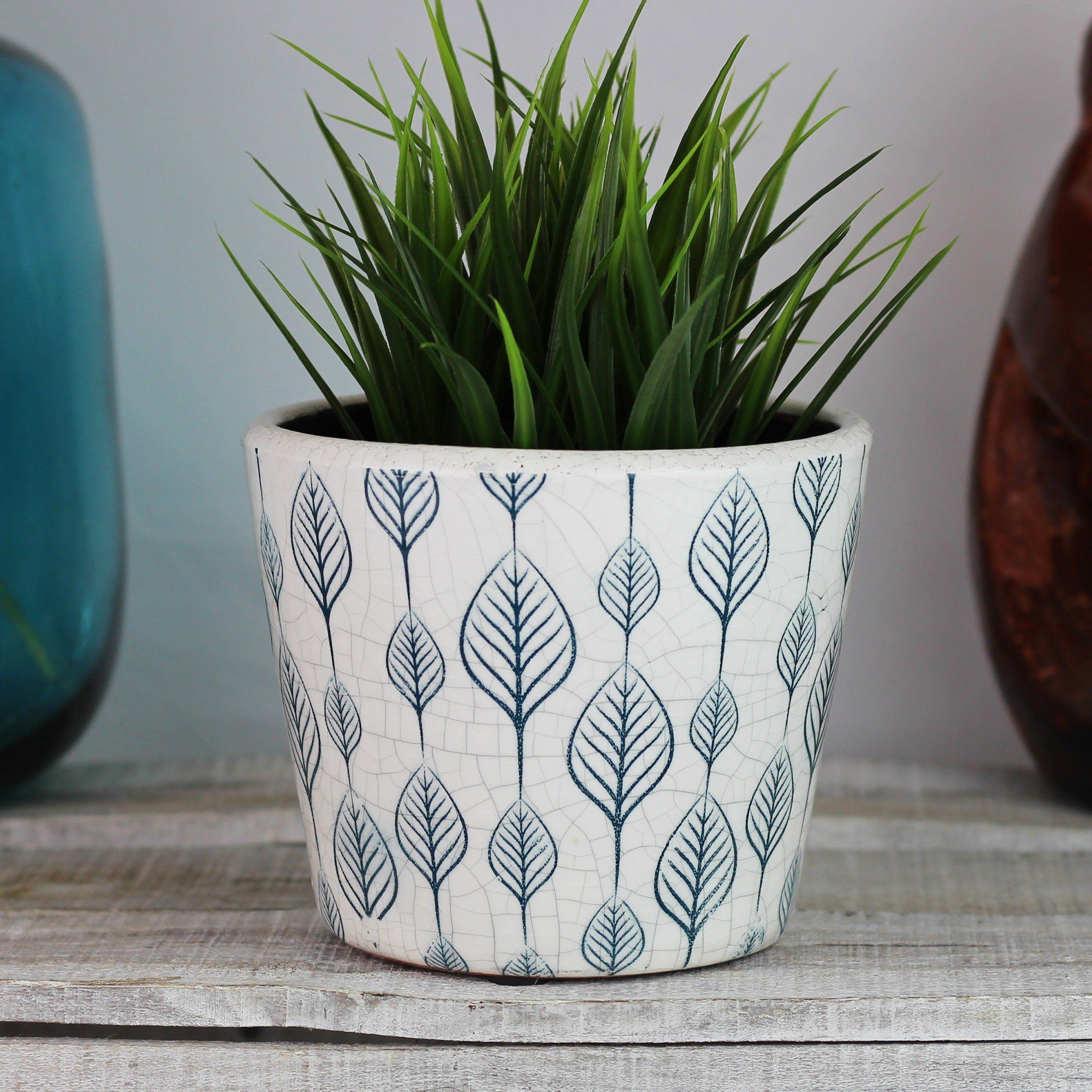 mitienda Übertopf Blumentopf aus Keramik Hojas weiss und blau