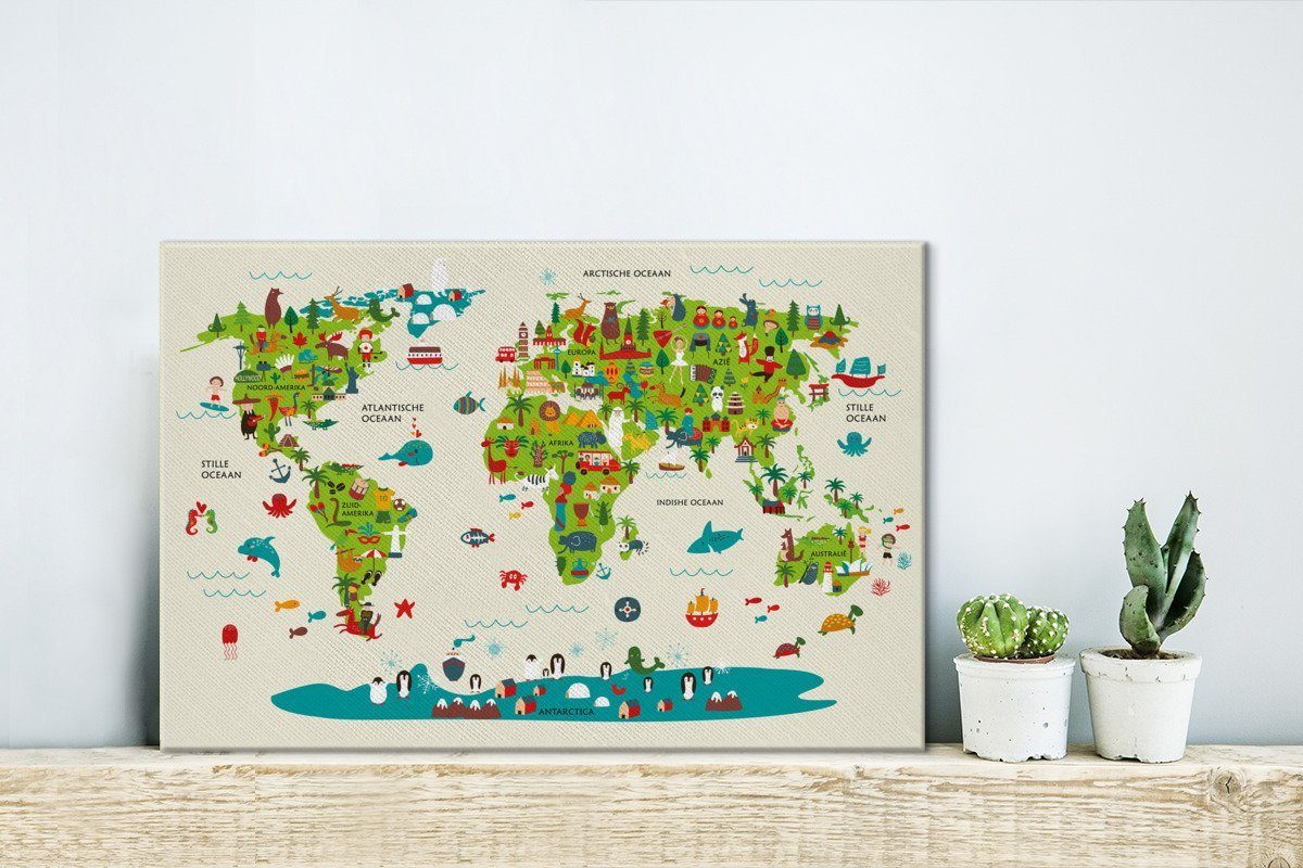 - Grün cm Wandbild St), 30x20 Weltkarte Aufhängefertig, Leinwandbild (1 OneMillionCanvasses® Kinder Wanddeko, Leinwandbilder, - Tiere,
