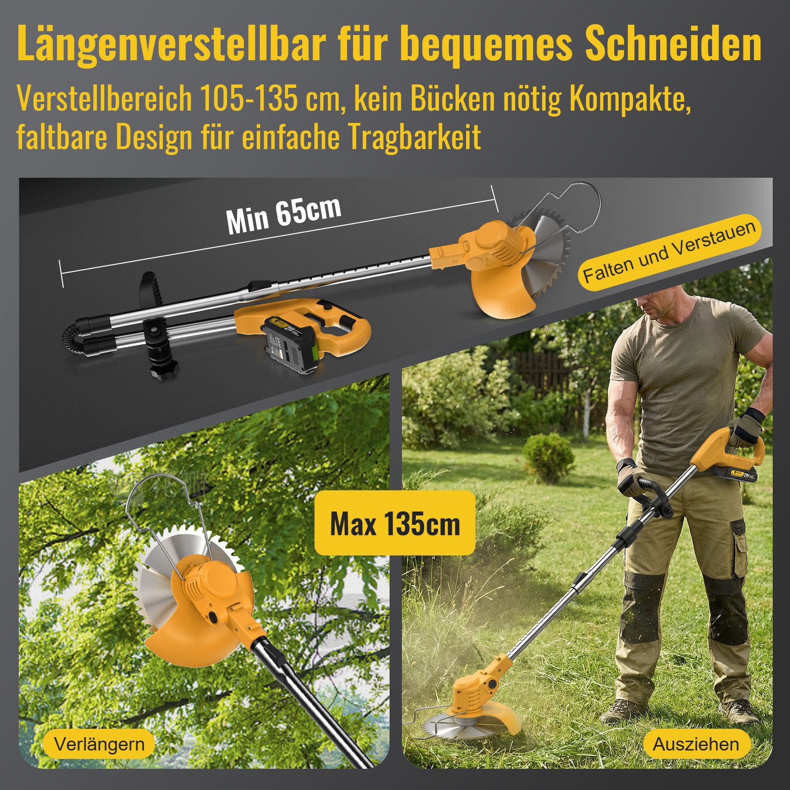 CONENTOOL Akku-Rasentrimmer 21V mit 4000mAh Akku, Verstellbarer Teleskopstiel, 15 cm Arbeitsbreite Messer, (Set, mit 4 Messertypen), Freischneider & Kantenschneider, inkl. 2 x 2.0Ah Akkus