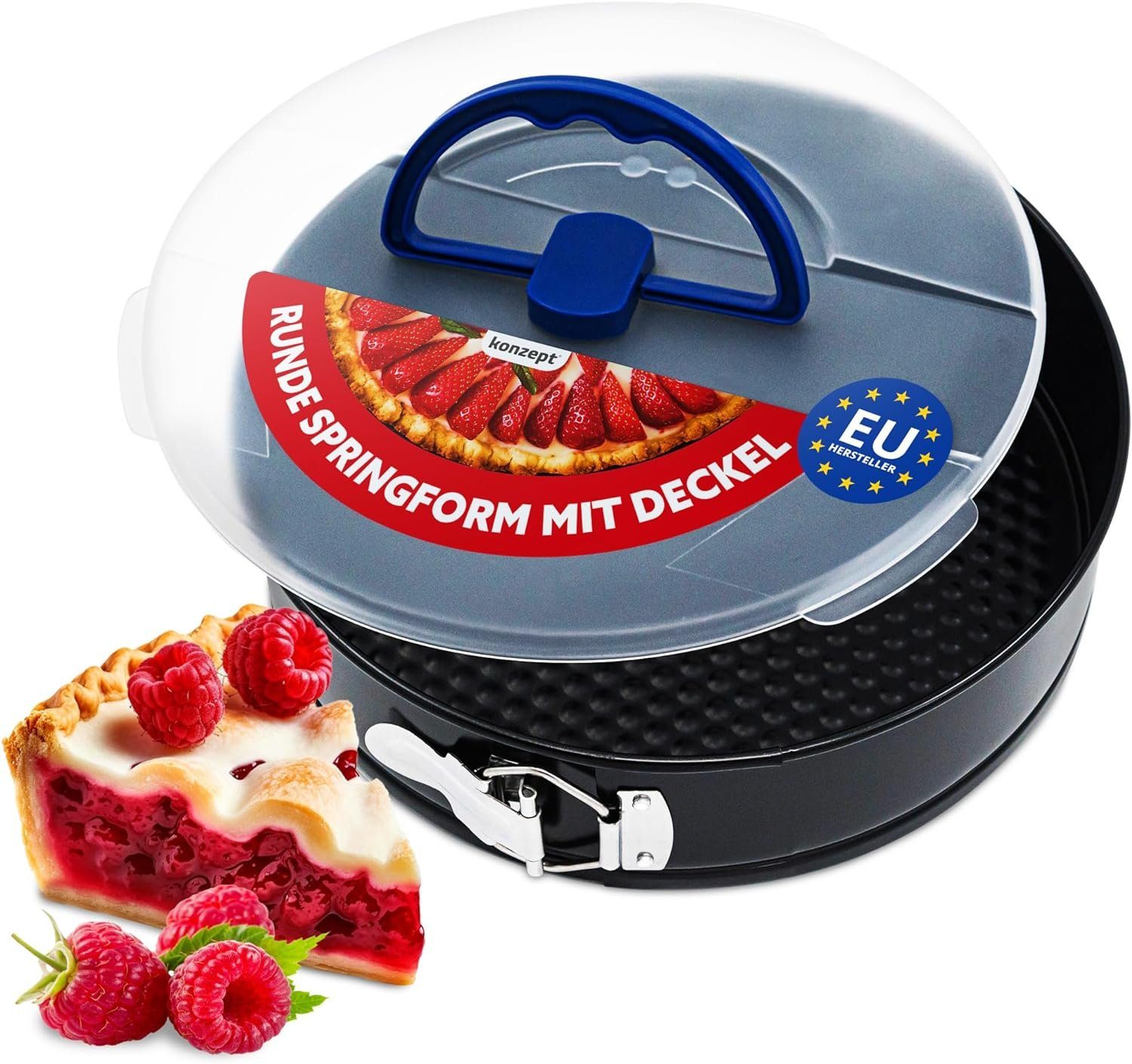 KONZEPT Backform 26cm Springform, (Rund mit Deckel, Tortenform mit Transporthaube, Antihaftbeschichtet, Kuchenbehälter), Ideal für Torte, Käsekuchen, Tarte