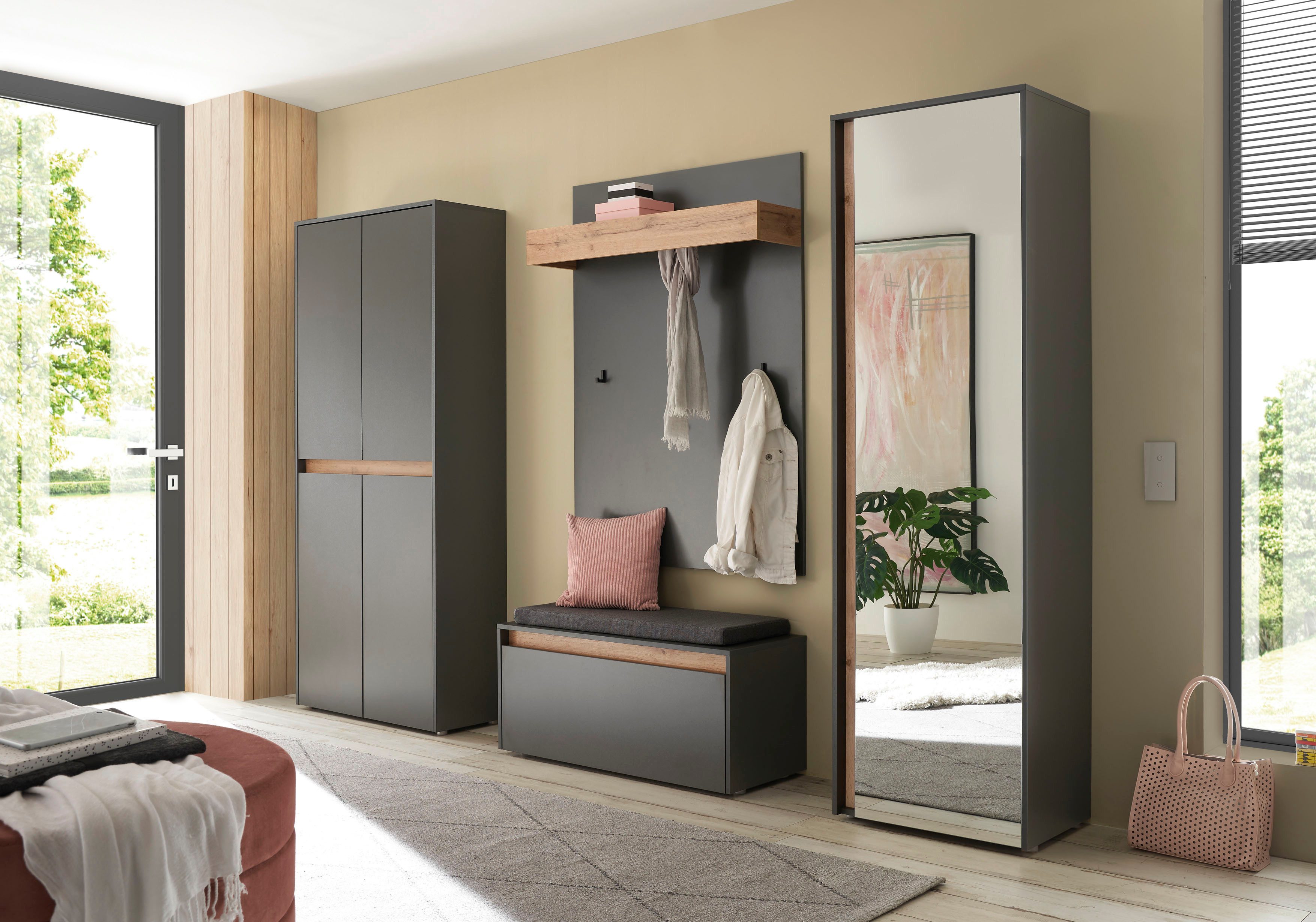 Home affaire Garderoben-Set City/Giron, moderne Garderobe, viel Stauraum, ca. 40 Schuhe, (Set, 4-St), enthält Schrank mit Spiegel, Schuhschrank, Paneel &Bank inkl. Kissen