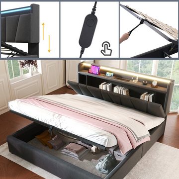 REDOM Polsterbett Doppelbett mit aufladen USB Ladefunktion (Stauraumbetten Bettgestell, Stauraum-Kopfteil und LED-Beleuchtung), Lattenrost aus Holz, 140 x 200 cm ohne Matratze
