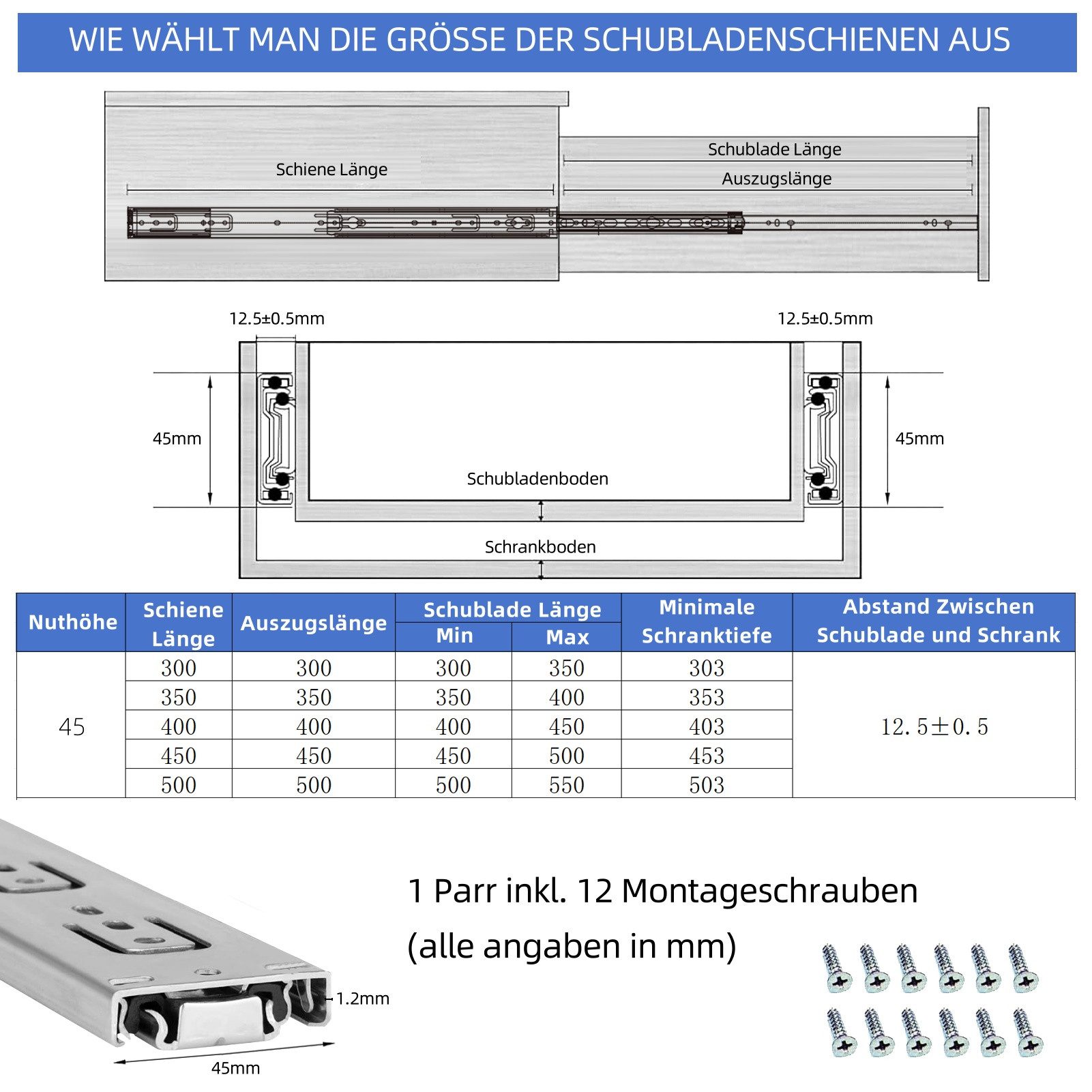 Wayne Hardware Auszug Softclose Schubladenauszug Vollauszug Schubladen Schubladenschienen (mit Selbsteinzug & Dämpfung (Softclose), belastbar bis 45kg, Präzisions-Kugelgleitschiene, Einfach zu installieren)