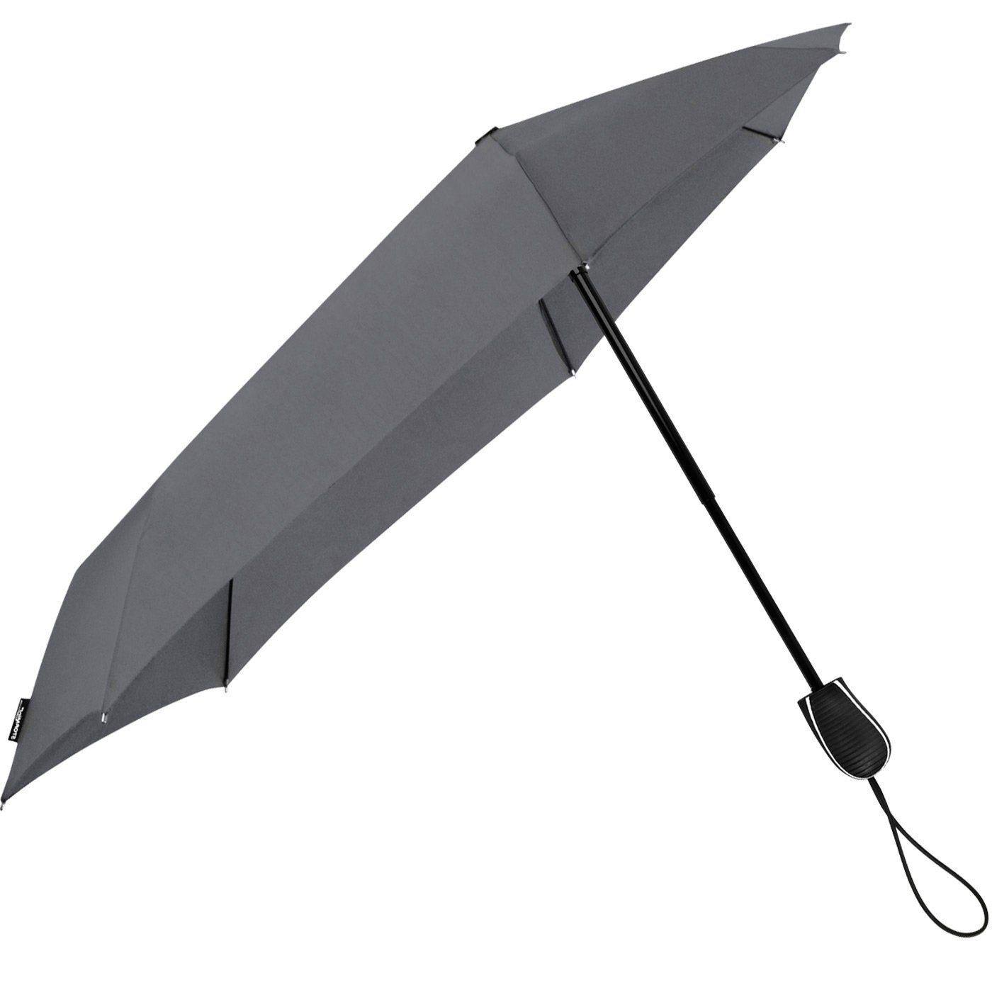 Impliva Taschenregenschirm STORMini aerodynamischer Schirm Form zu Wind, in hält Sturmschirm, durch grau sich 80 der dreht besondere aus den km/h bis seine