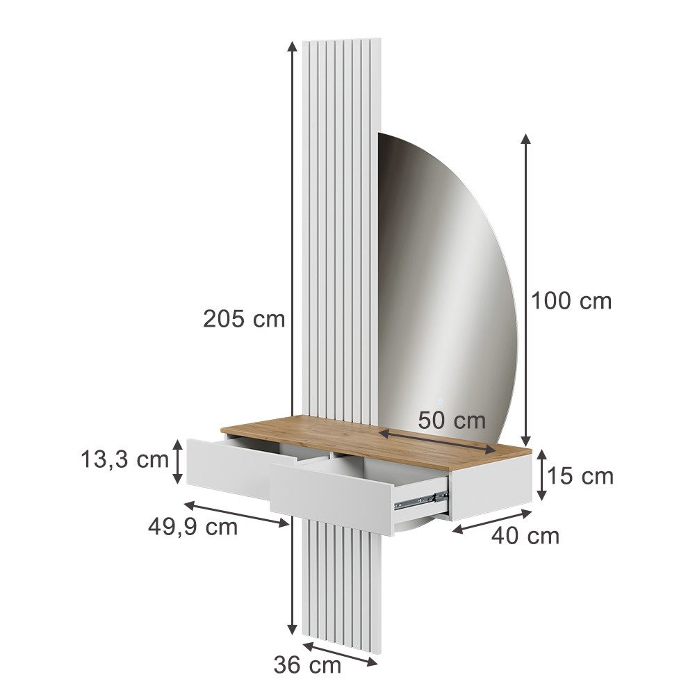 Vicco Schminktisch Melina, Weiß/Eiche, 100 cm mit LED-Spiegel (1-St)