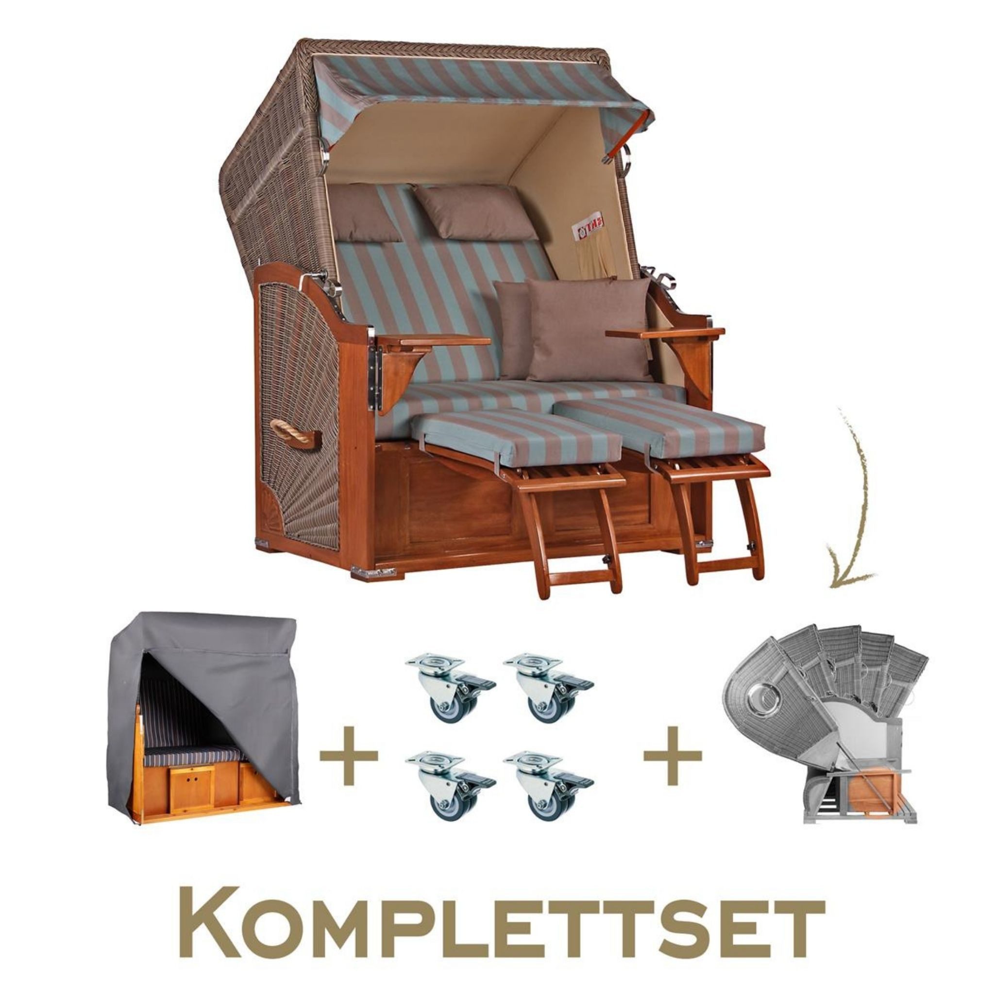 MR.DEKO Strandkorb Strandkorb Komplettset Seeblick Mahagoni PE Grey Dessin 520, BxTxH: 125x80x170 cm, Volllieger, Seeblick, (Luxus-Komplettset 4-tlg. inkl. Abdeckhaube, 4-tlg., Strandkorb mit Abdeckhaube, Rollen & Lifter-System), Wetterfester Strandkorb inkl. Lifter & Rollen, Fertig montiert