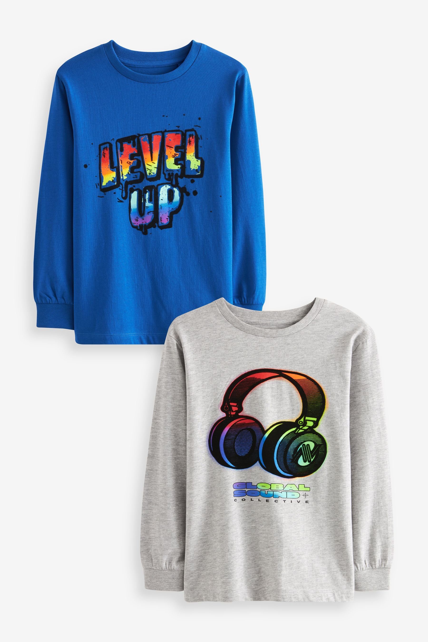 Next Langarmshirt 2er-Pack T-Shirt mit Grafik und langen Ärmeln (2-tlg) Blue/Grey Rainbow Headphones