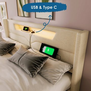 OKWISH Polsterbett LED Doppelbett mit USB Typ C Ladefunktion, 140 x 200 cm, ohne-Matratze