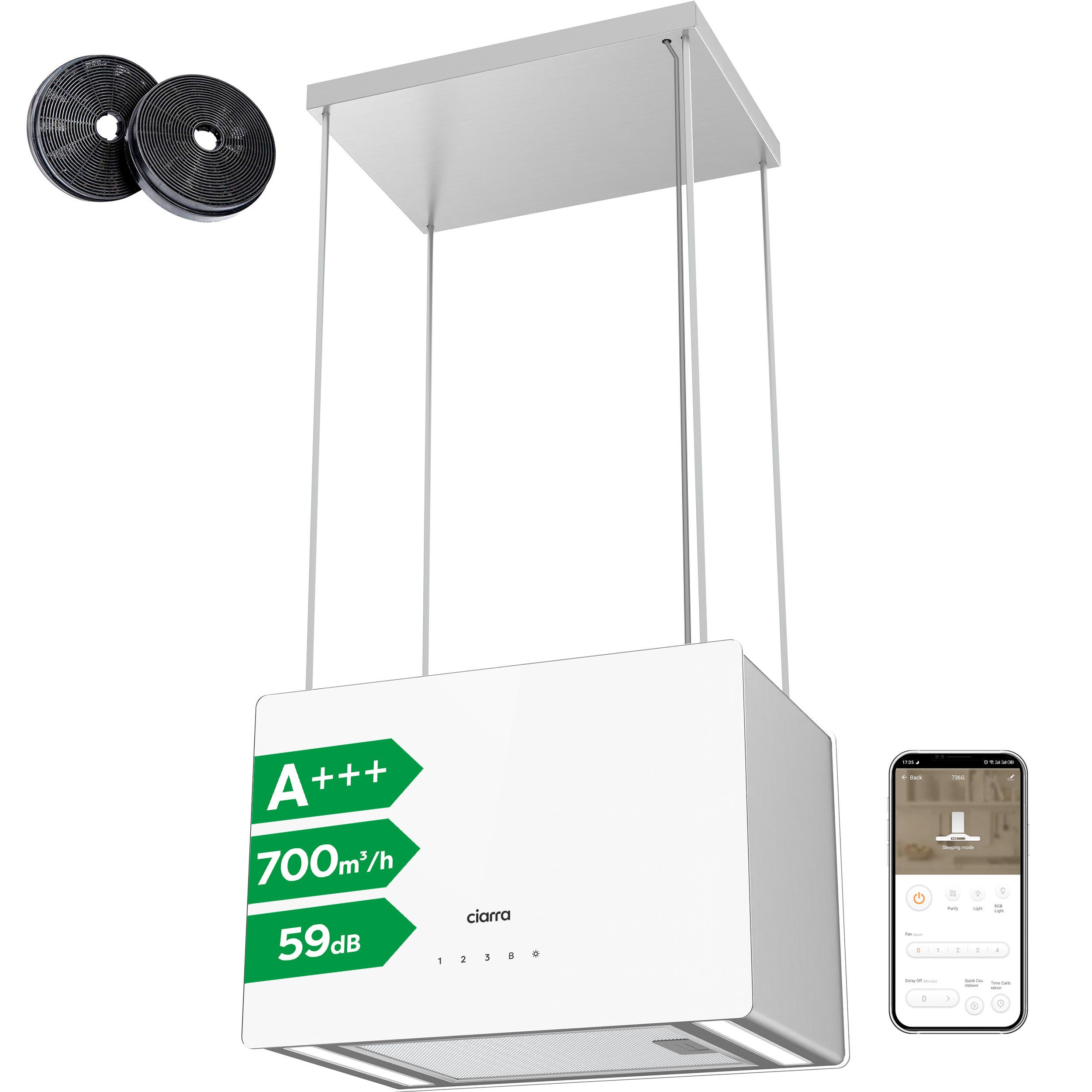 CIARRA Inselhaube 48 cm A+++ 700 m³/h leise Dunstabzugshaube freihängend Umluft CBCS4850 48 cm A+++ 700 m³/h leise Dunstabzugshaube freihängend Umluft CBCS4850, WIFI-APP Touch Control Inkl. BOOST 4 Stufen mit Kohlefilter & LED