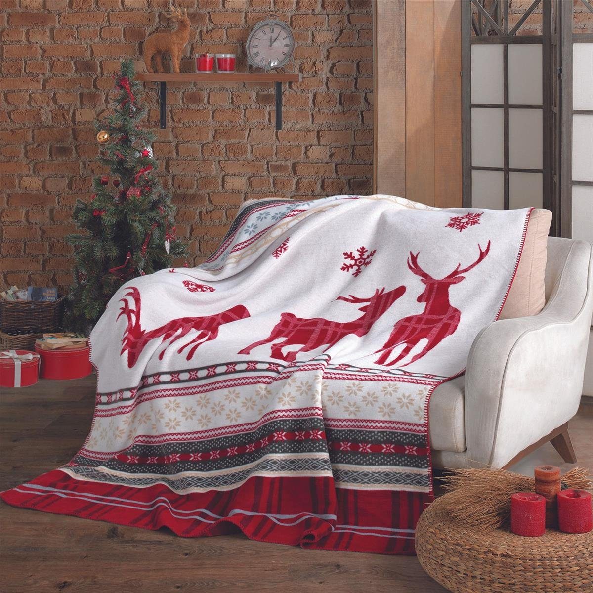 Plaid X-Mas Weihnachten Rentier red, SEI Design, Sofa Überwurf 150x200 cm