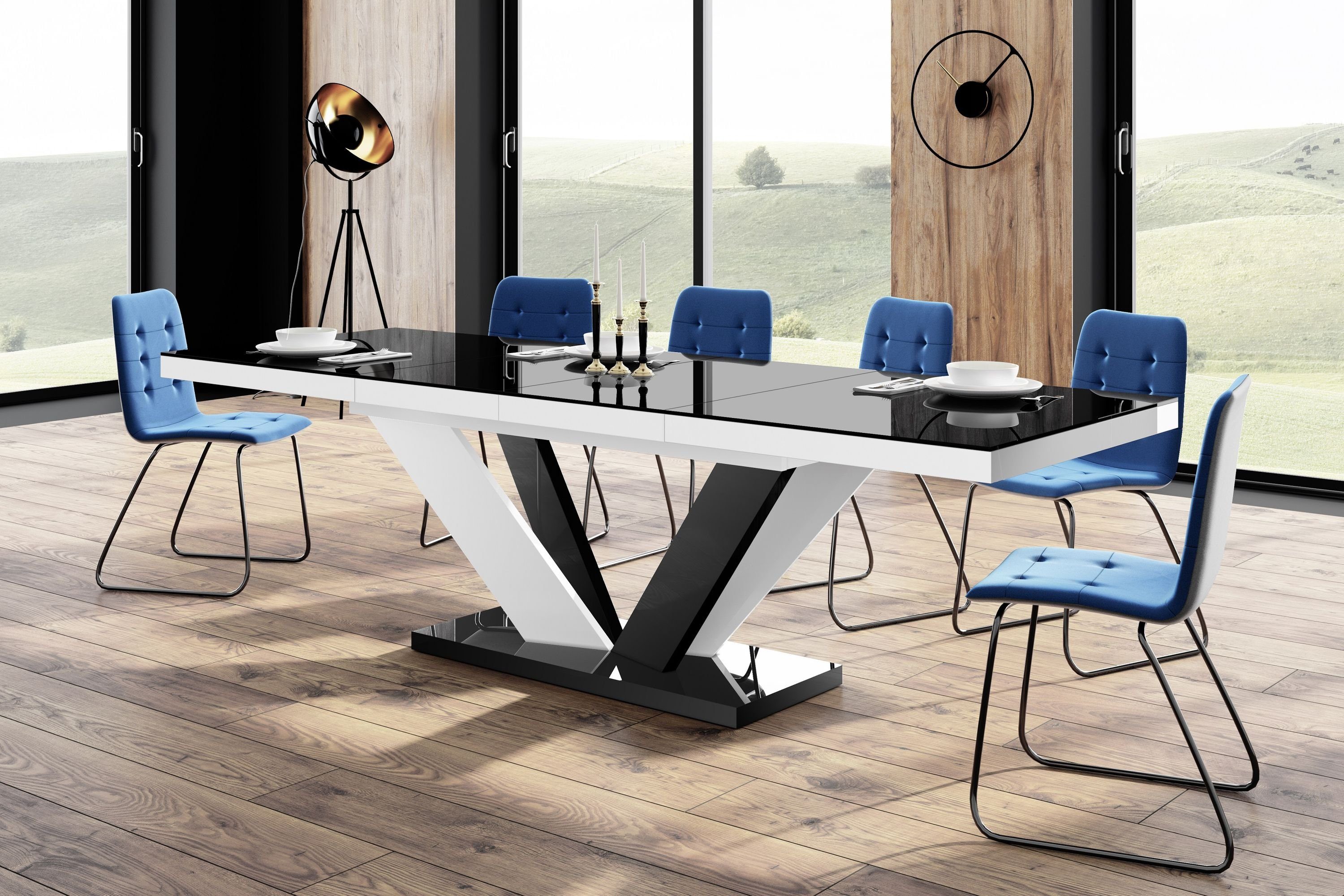 designimpex Esstisch Design Tisch HEU-111 Schwarz / Weiß Hochglanz ausziehbar 160 bis 256cm Schwarz Hochglanz / Weiß Hochglanz