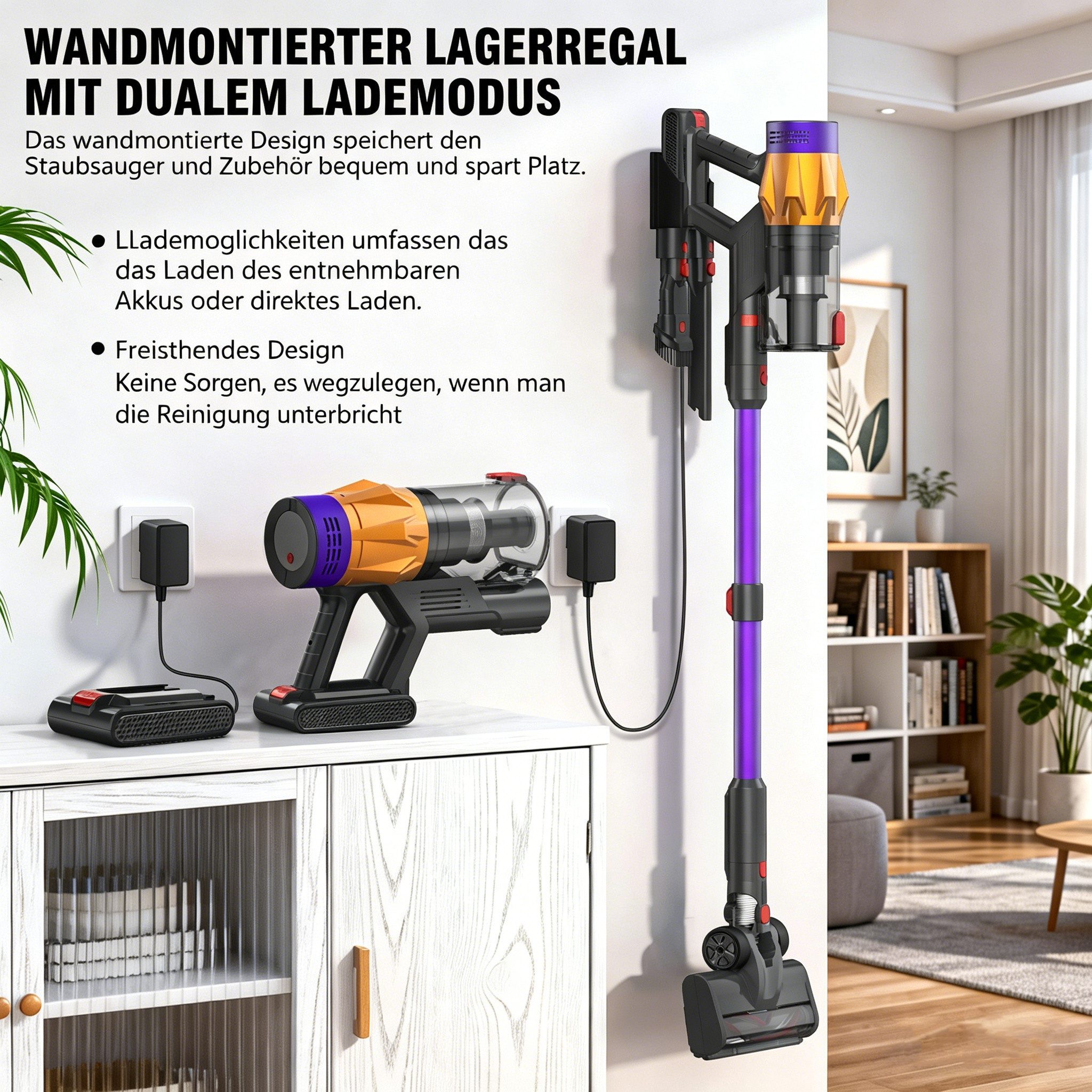 Blossom Stielstaubsauger V18 Akku-Hand-und Stielstaubsauger 50kpa 550W, beutellos, Staubsauger kabellos, akkustaubsauger, 60 min, Lila