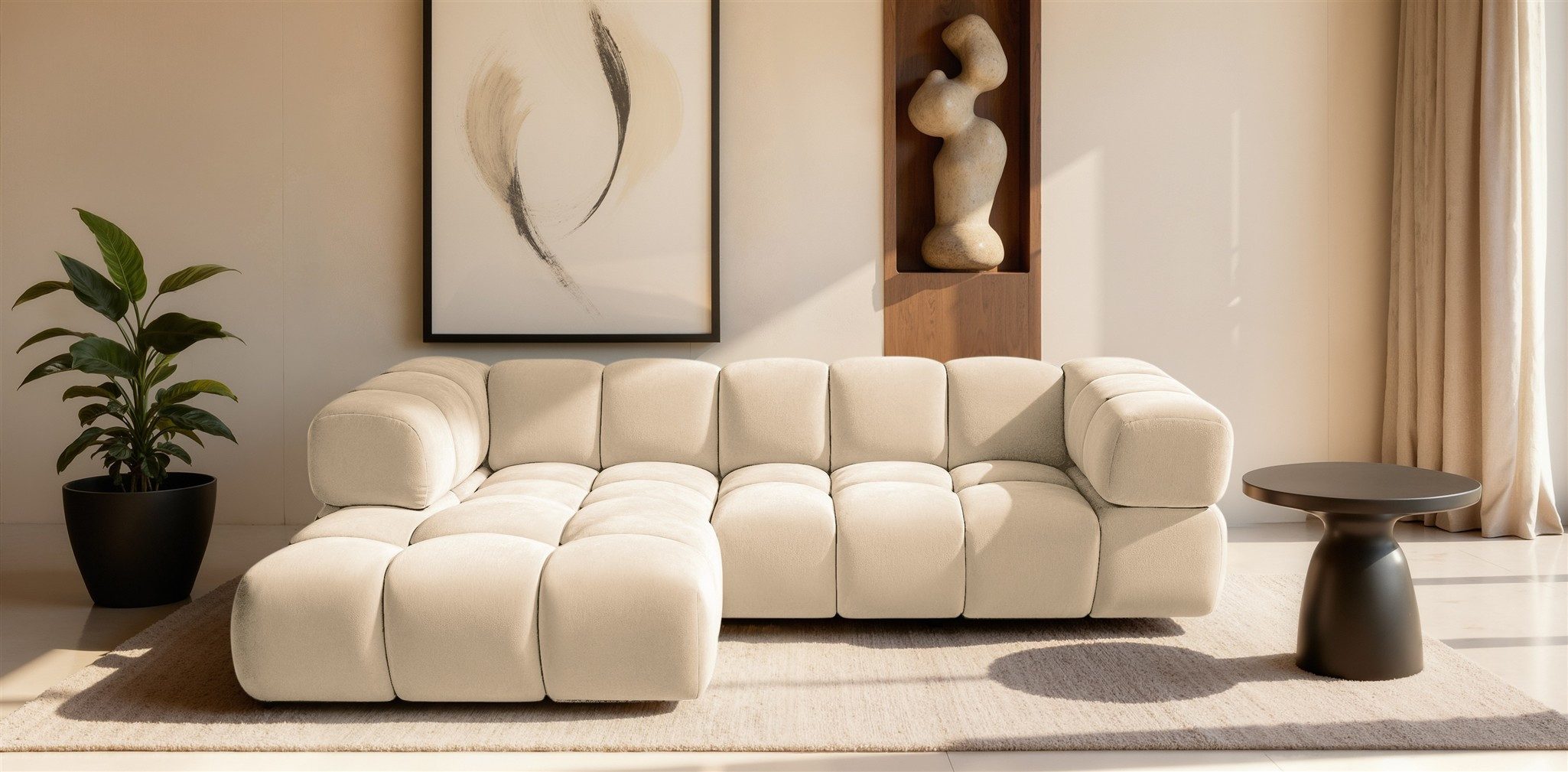 Fun Möbel Ecksofa Designersofa Fun ANGELA in Velourstoff Bluvel oder Webstoff Puente, Ottomane Links oder Rechts, Rundumbezug