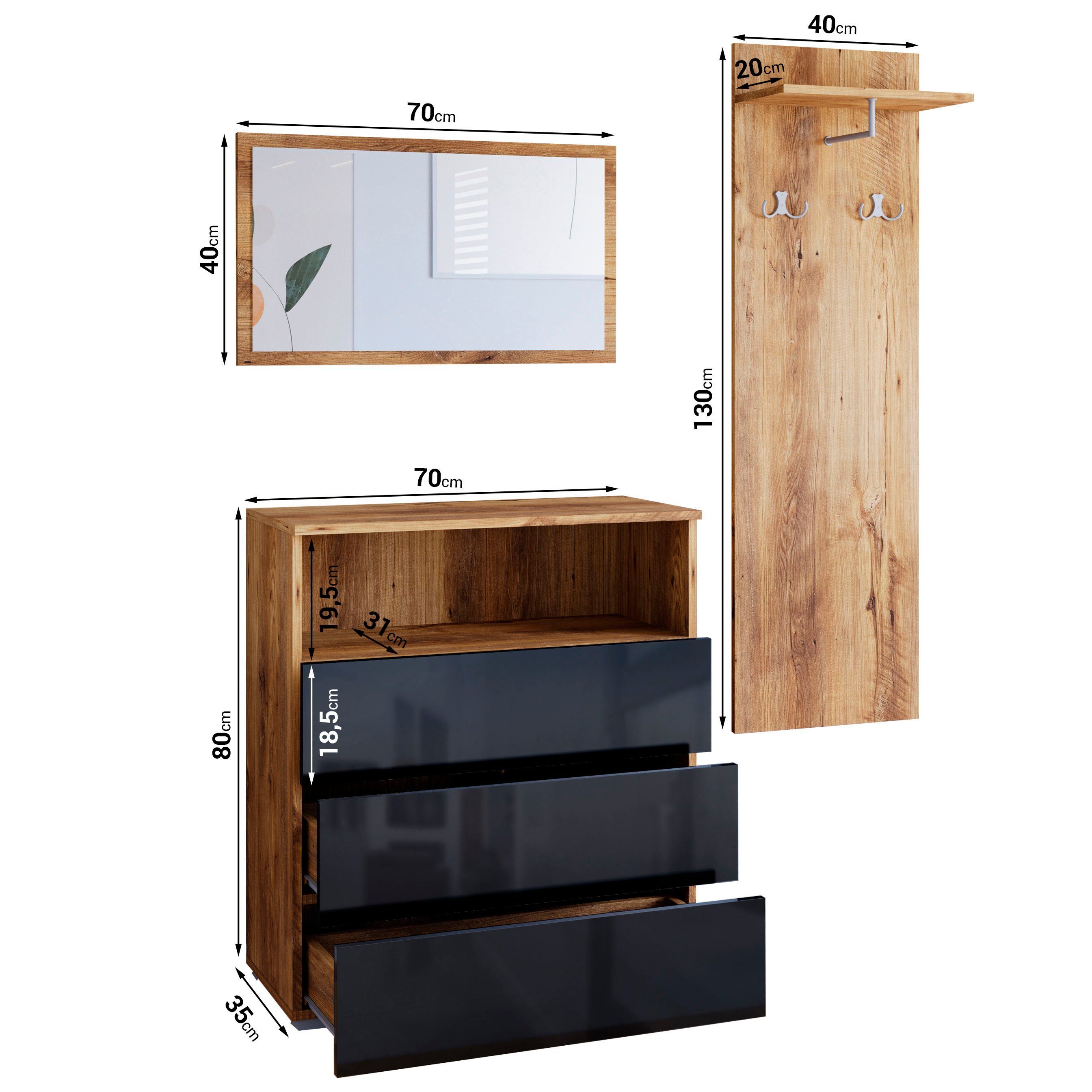 OTTO home Garderoben-Set PARIS/ TOKYO, (Komplett-Set, 3-St), Garderoben- Set Breite 140cm, hochkant oder quer montierbar Spiegel – Bild 5 von 5