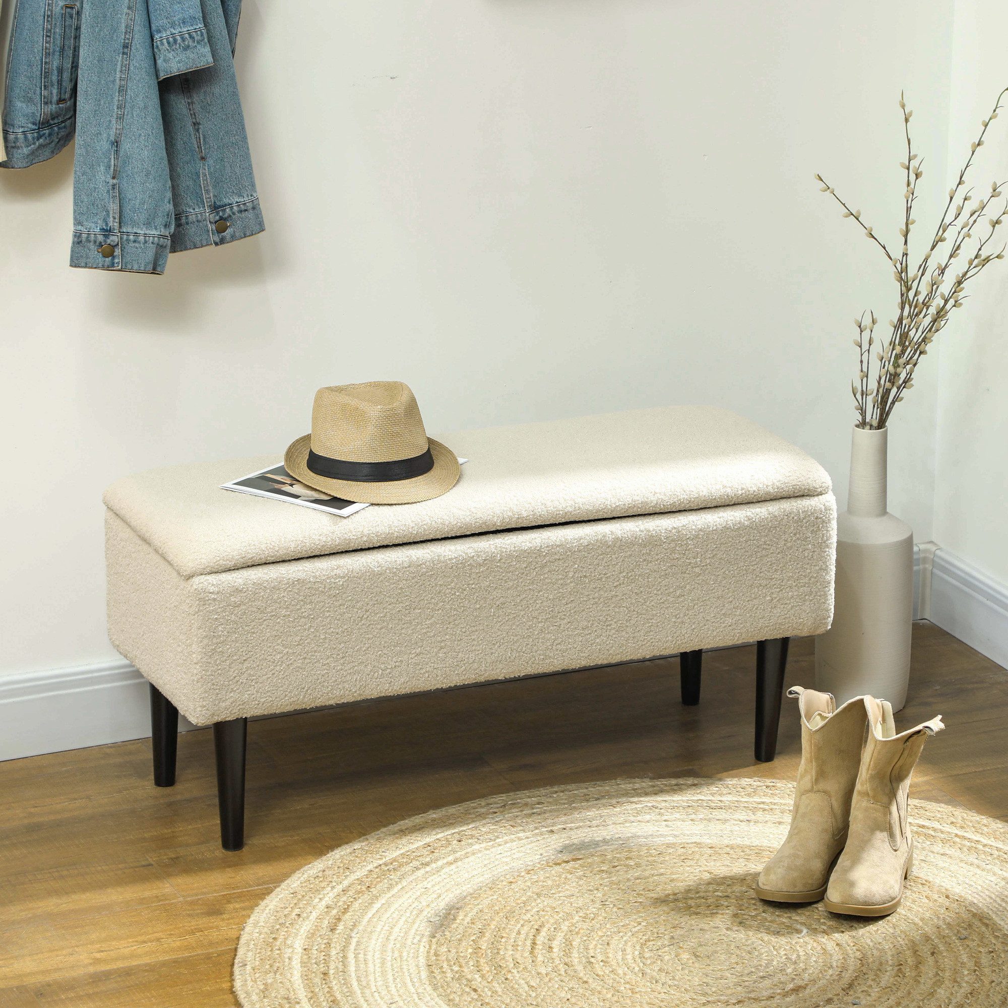 HOMCOM Sitzbank Polsterbank mit Stauraum für Wohnzimmer (Bettbank, 1-St., Aufbewahrungsbank), Cremeweiß, 95 x 38 x 45 cm