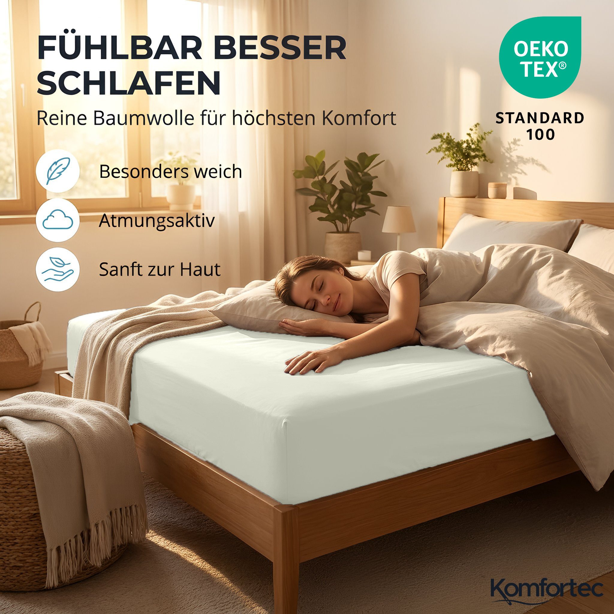 Komfortec Spannbettlaken Jersey Spannbettuch, 90x200, 140x200, 160x200, 180x200 oder 200x200 cm, 100% Baumwolle (135 g/m), Gummizug: Rundum, (2 Stück), OEKO-TEX – Bild 4 von 5