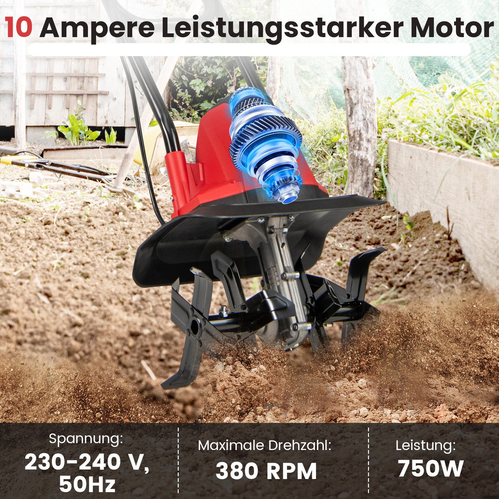 KOMFOTTEU Elektromotorhacke, klappbarer Bodenhacke, 750W, 380 U/min