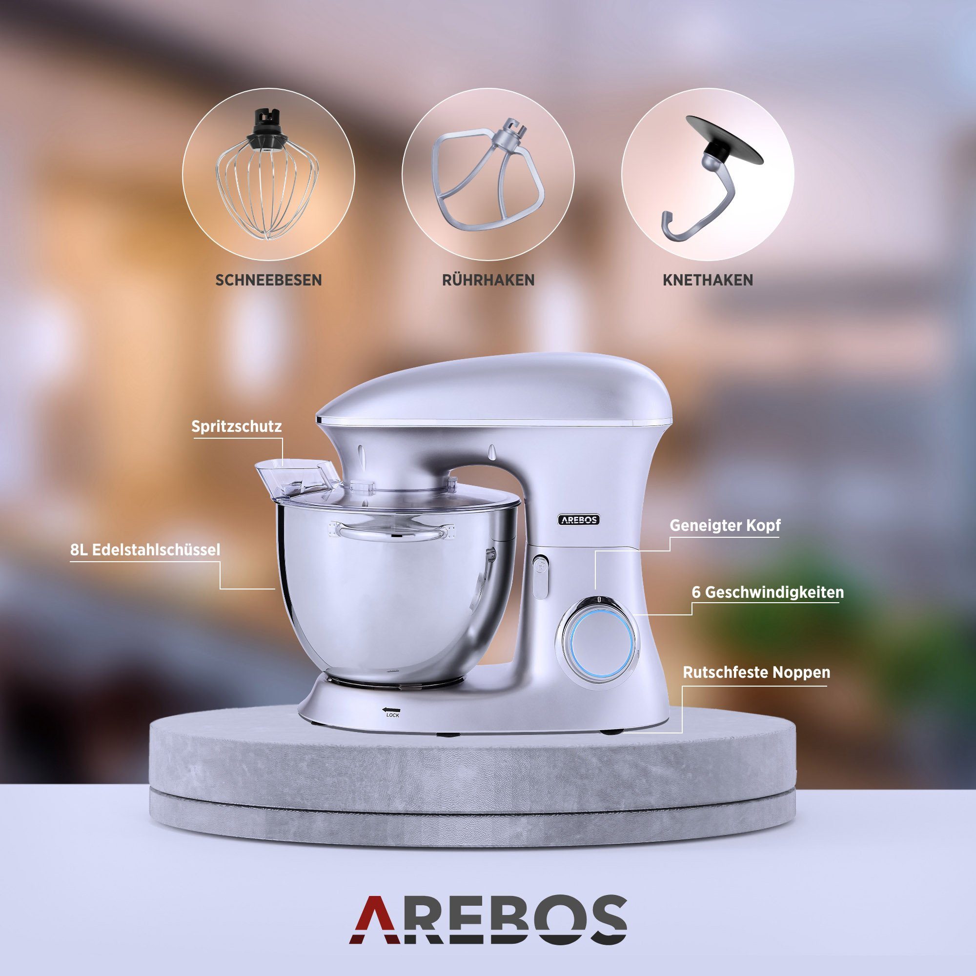 Arebos Küchenmaschine Edelstahl-Rührschüssel, 6 Geschwindigkeiten, W, l 1500 8,00 Schüssel silber